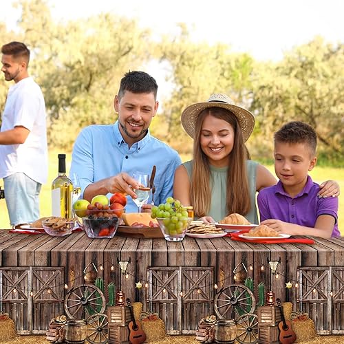 Miniatura 7 de Tiamon Mantel de plástico para fiesta de vaquero occidental, 3 piezas, diseño de vaquero occidental, cubierta de mesa de madera para suministros de