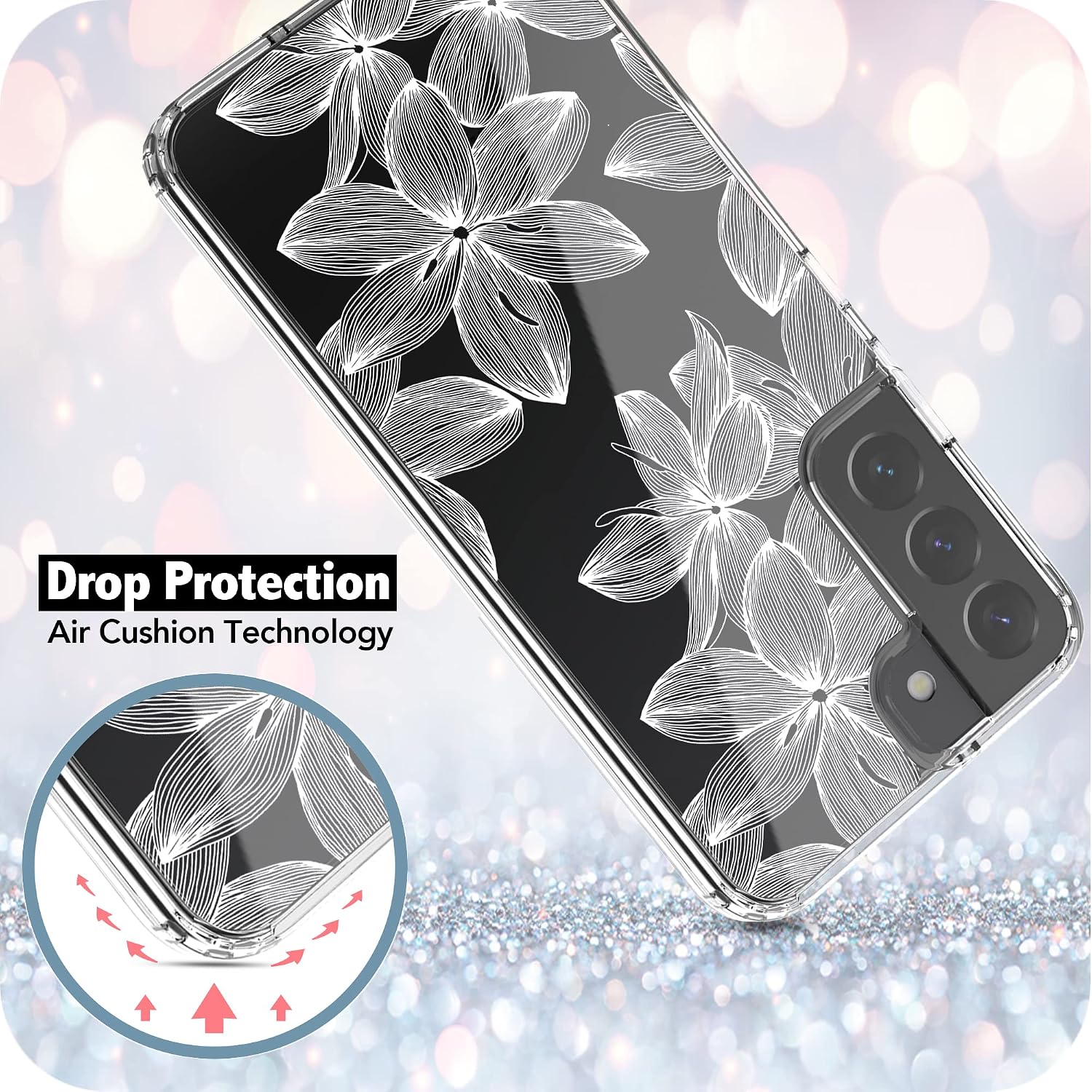 Galaxy S22 Case, RANZ Anti-Scratch Shockproof Series Clear Hard PC+ TPU Bumper Protective Cover Case for Samsung Galaxy S22 (6.1") - White Flower