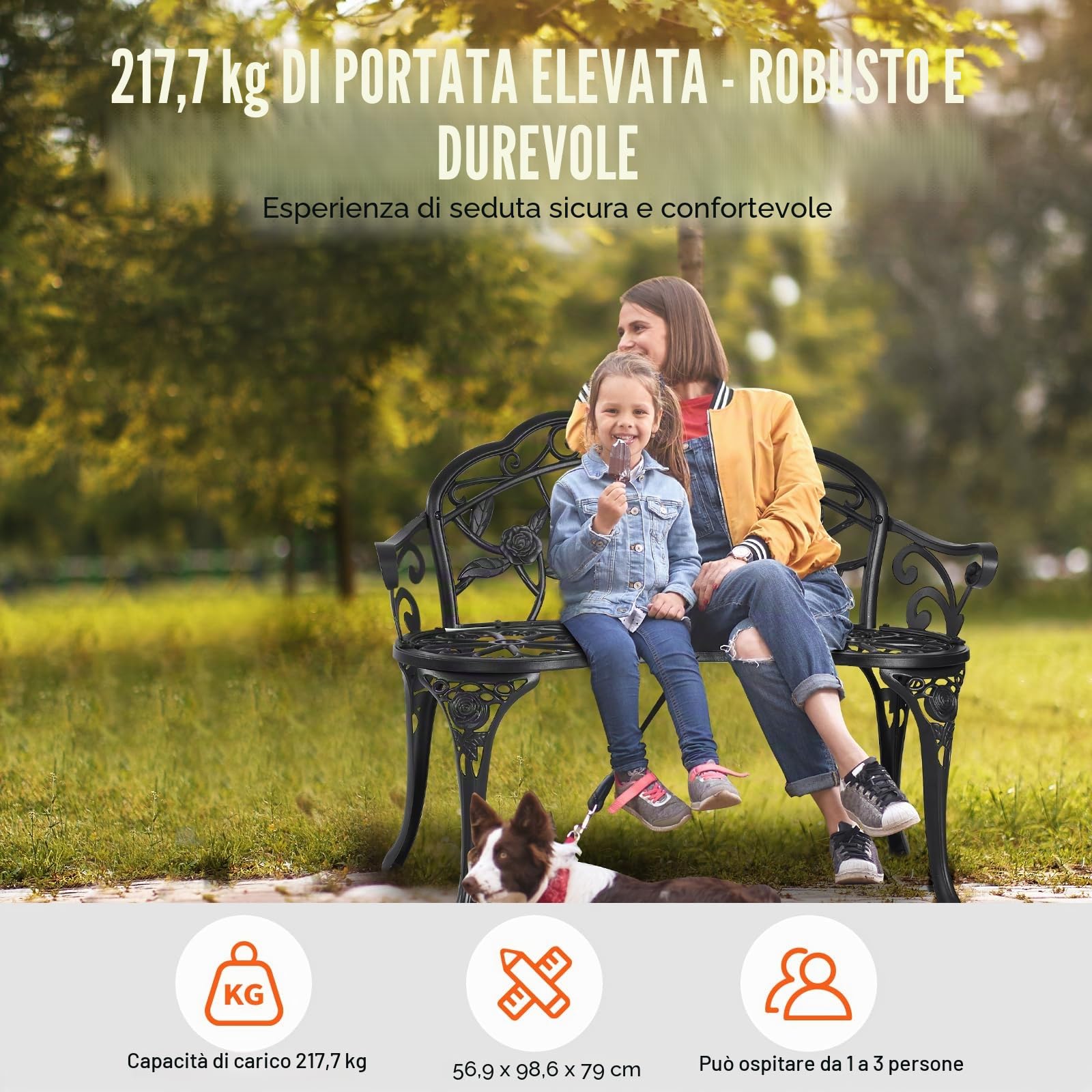 VEVOR Panchina da Esterno da 57 x 98,7 x 79 cm Panchina da Giardino in Metallo per Esterni, Capacità di Carico di 218 kg Panchina da Giardino con Schienale, Braccioli, per Parco, Cortile, Portico