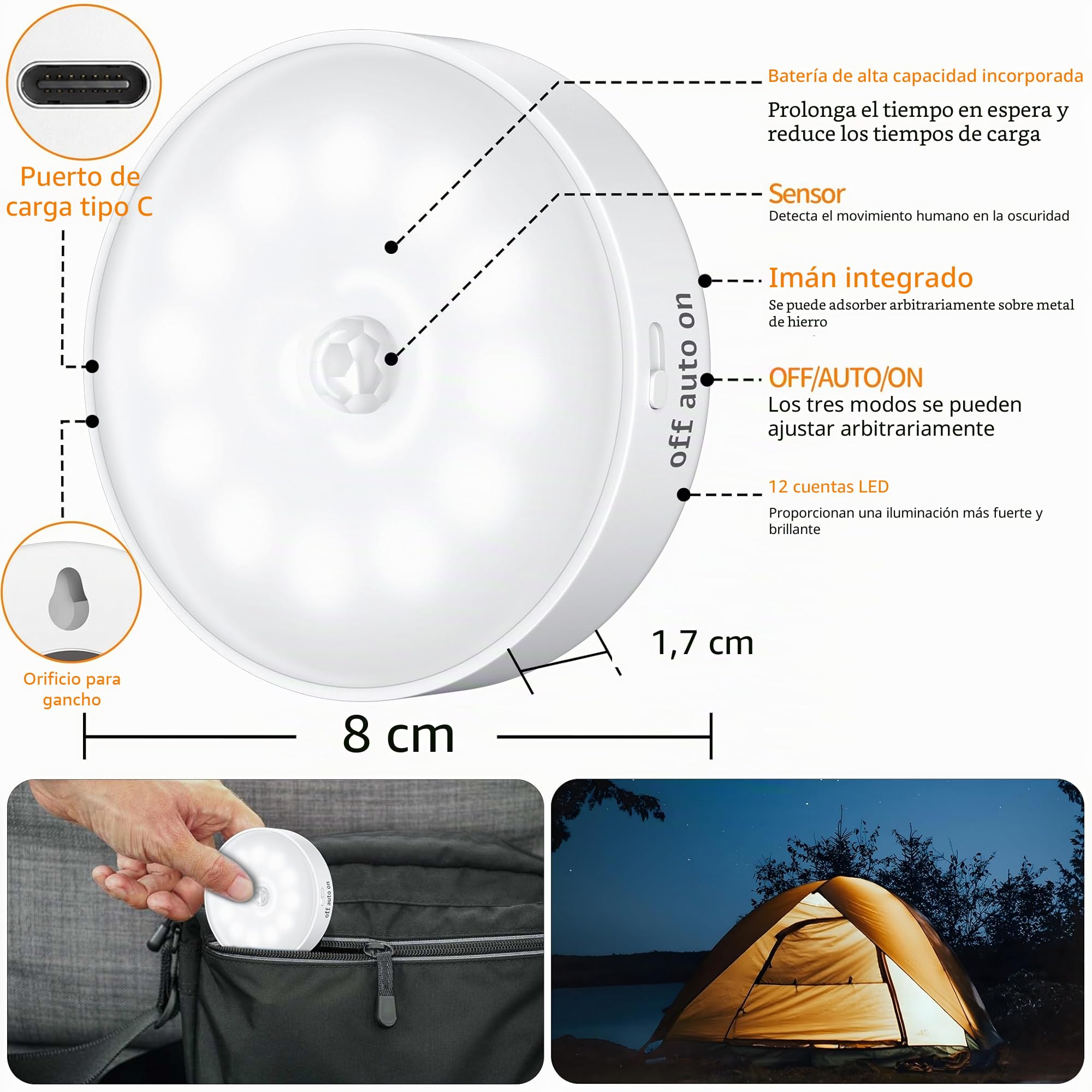 6 Pack Luz Led Nocturna con Sensor de Movimiento,12 LED, Lámpara LED Recargable USB, Luz Nocturna para pared, iluminación de armario, sensor de movimiento interior para escaleras, dormitorio, cocina.