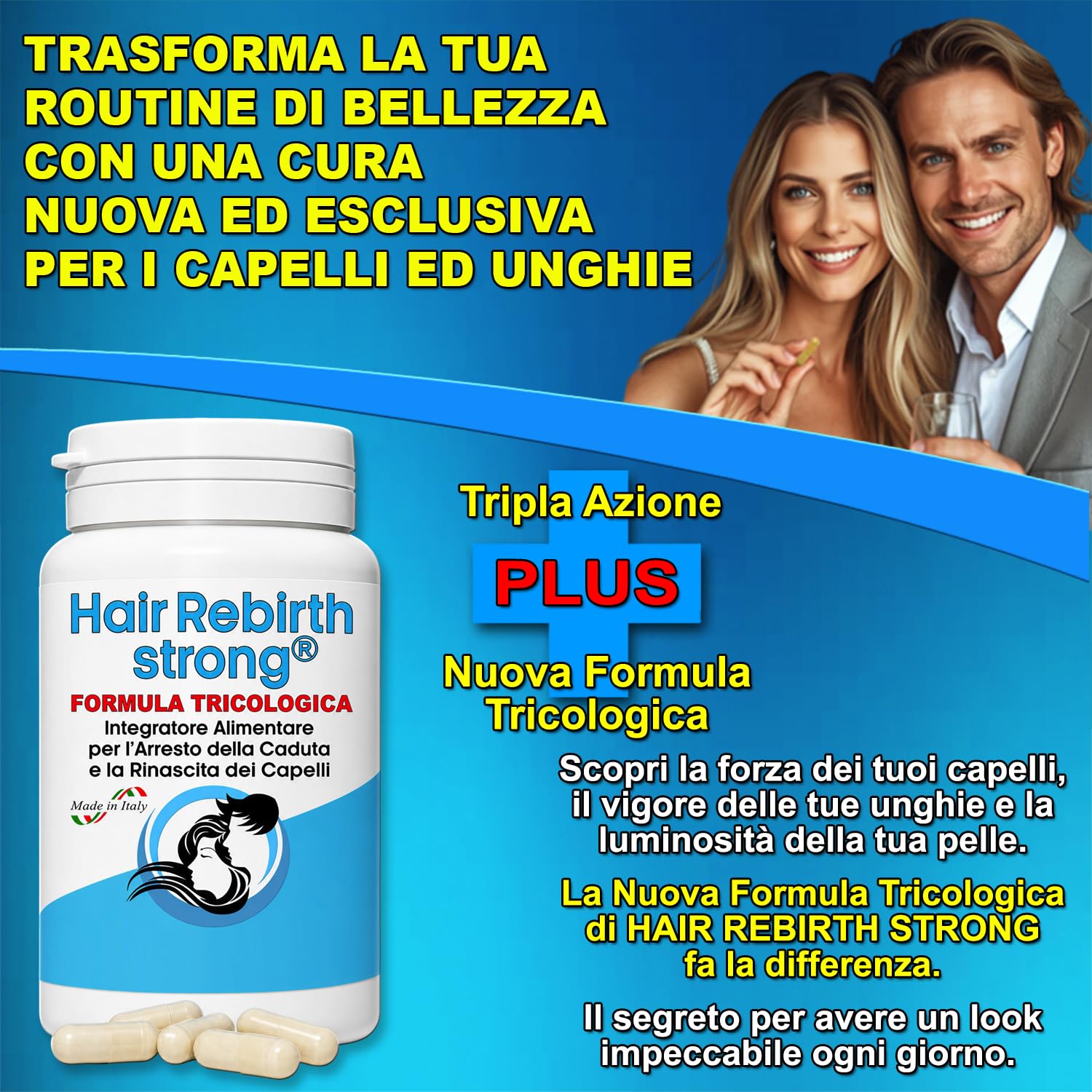 HAIR REBIRTH STRONG * 3 Flaconi: 270 capsule * la Migliore Cura per i Capelli * Nuova Formula Tricologica: Cheratina Biotina Cistina Calcio D Vitamina B * Blocco della Caduta e Rinascita dei Capelli