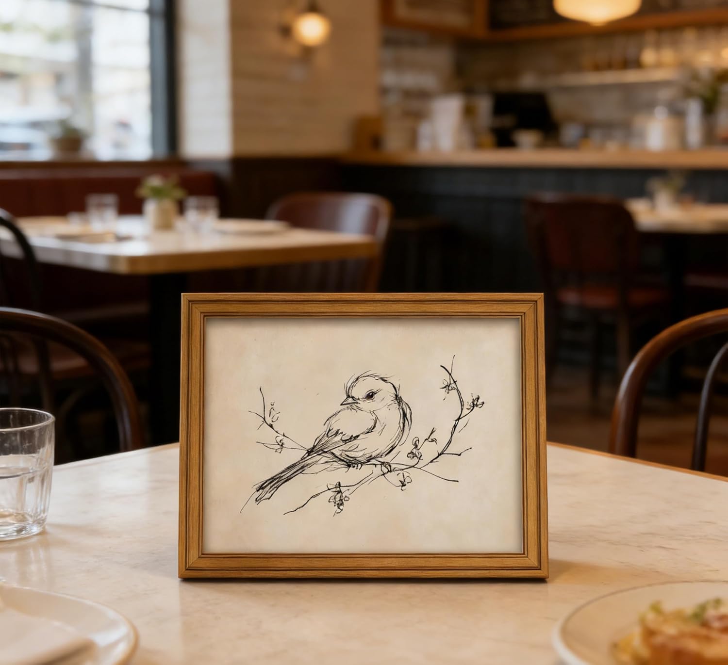 Vintage Gold Framed Bird Wall Art, Sparrow on Tree Branch Sketch Drawing Canvas Print, Minimalist Nature Line Picture Wall Decor, Rustic Farmhouse Animal Poster Artwork for Living Room Bedroom