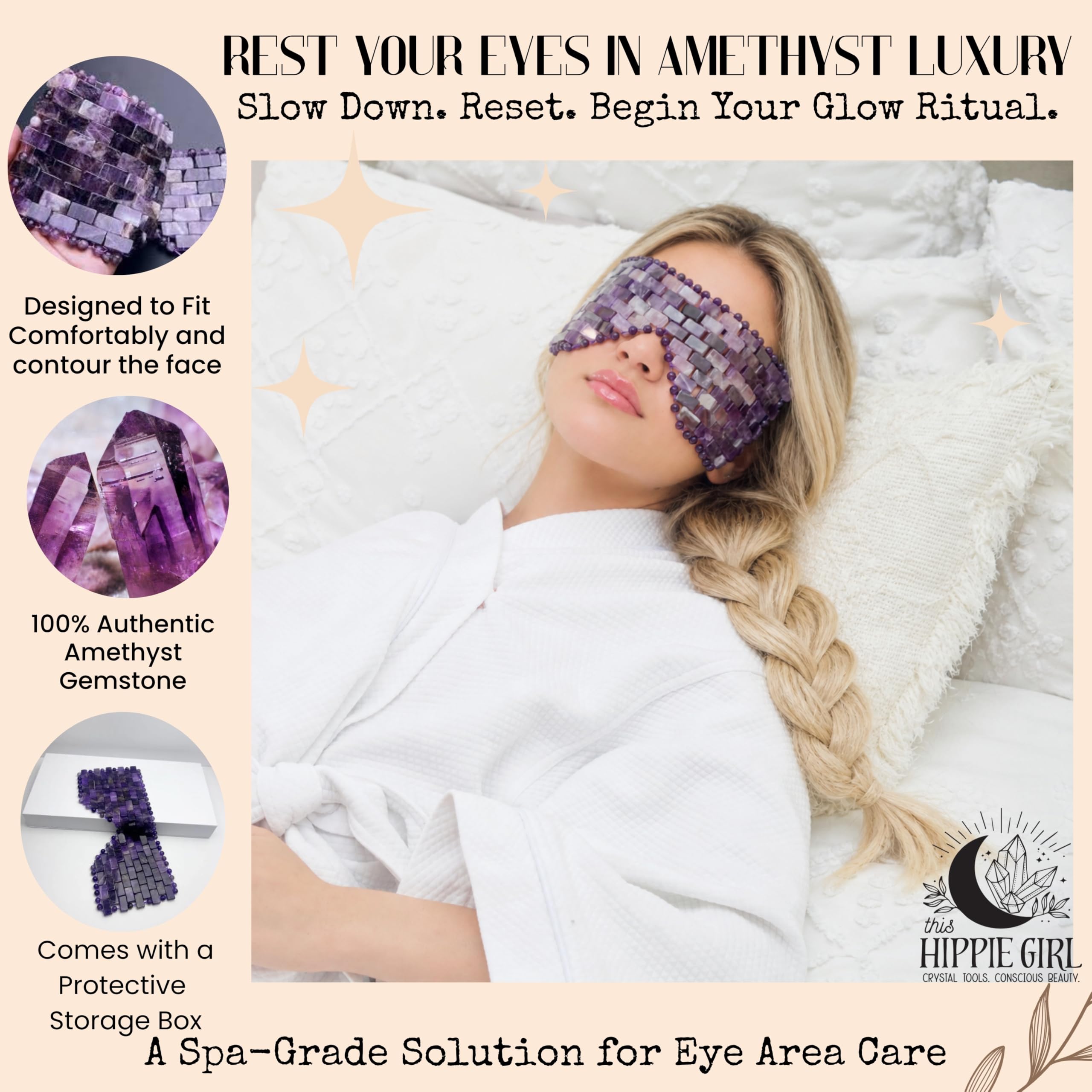 This Hippie Girl Masque pour les yeux en améthyste – Masque facial en cristal naturel pour les poches, les cernes et le soulagement de la tension. Pierre spa rafraîchissante pour la