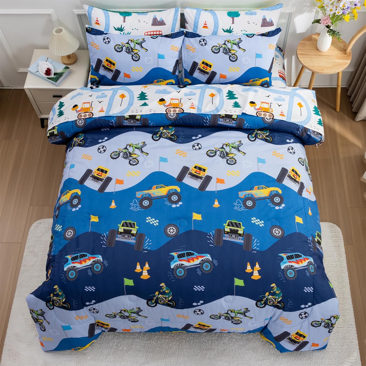 Holawakaka Trucks Tractors Cars Boys 5-Piece Bedding Comforter Sheet Set,Twin Size Cartoon Construction Car Excavator Print Kids Bed in A Bag, Excavator Mixer Truck Printed Bed Sets(Light Blue Twin) - Image 2