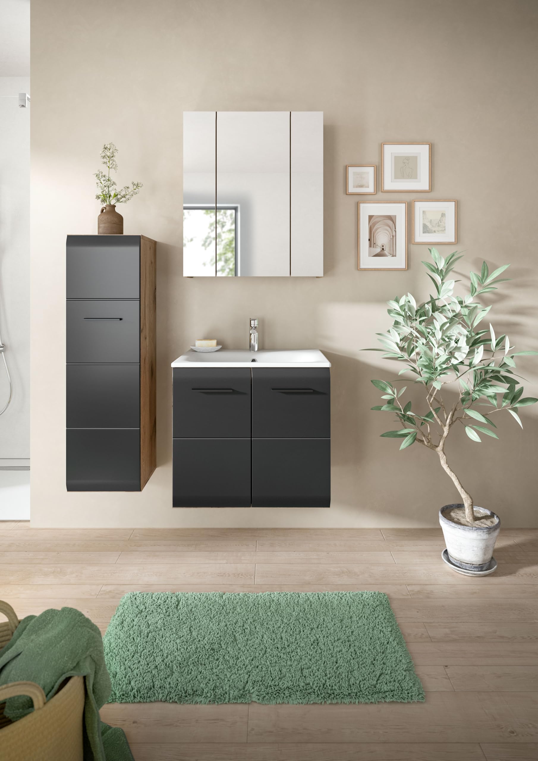 xonox.home – 3 TLG. Badmöbel Kombination Ice 105x185x46 cm in Korpus Nox Oak Nachbildung und Front schwarz matt – Platzsparendes Badezimmermöbel-Set in modernem Hochglanz-Look – Bild 6