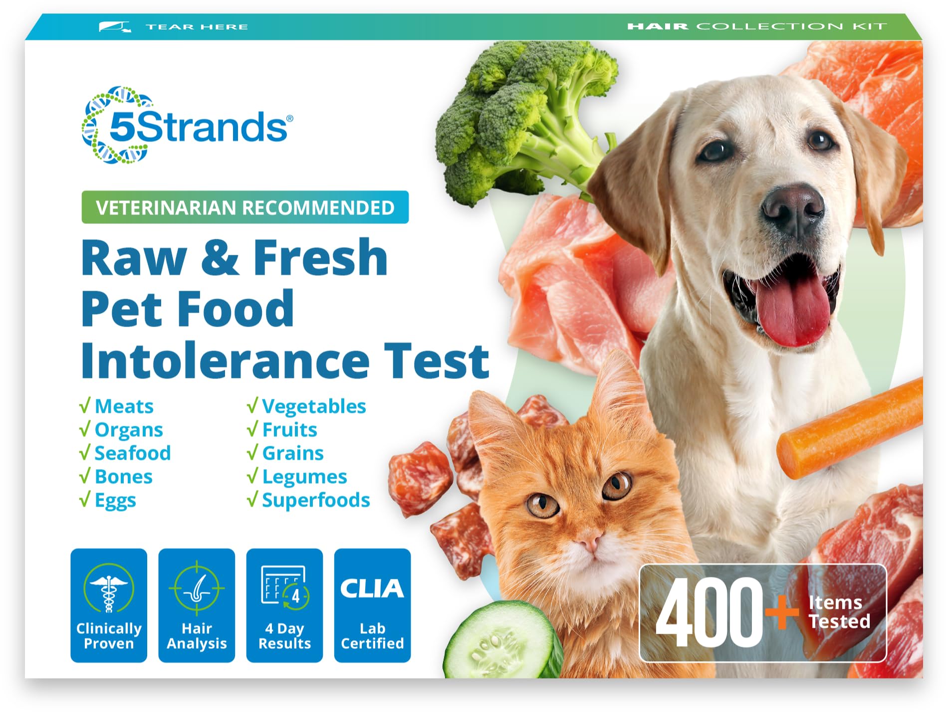 5Strands Pet Raw Food Intolerance Test, at Home Sensitivity Test for Dogs & Cats, 410 Items, Gently Cooked & Fresh Pet Food, Accurate for All Ages & Breeds, Pet Gut Health, Fast 4 Day Results