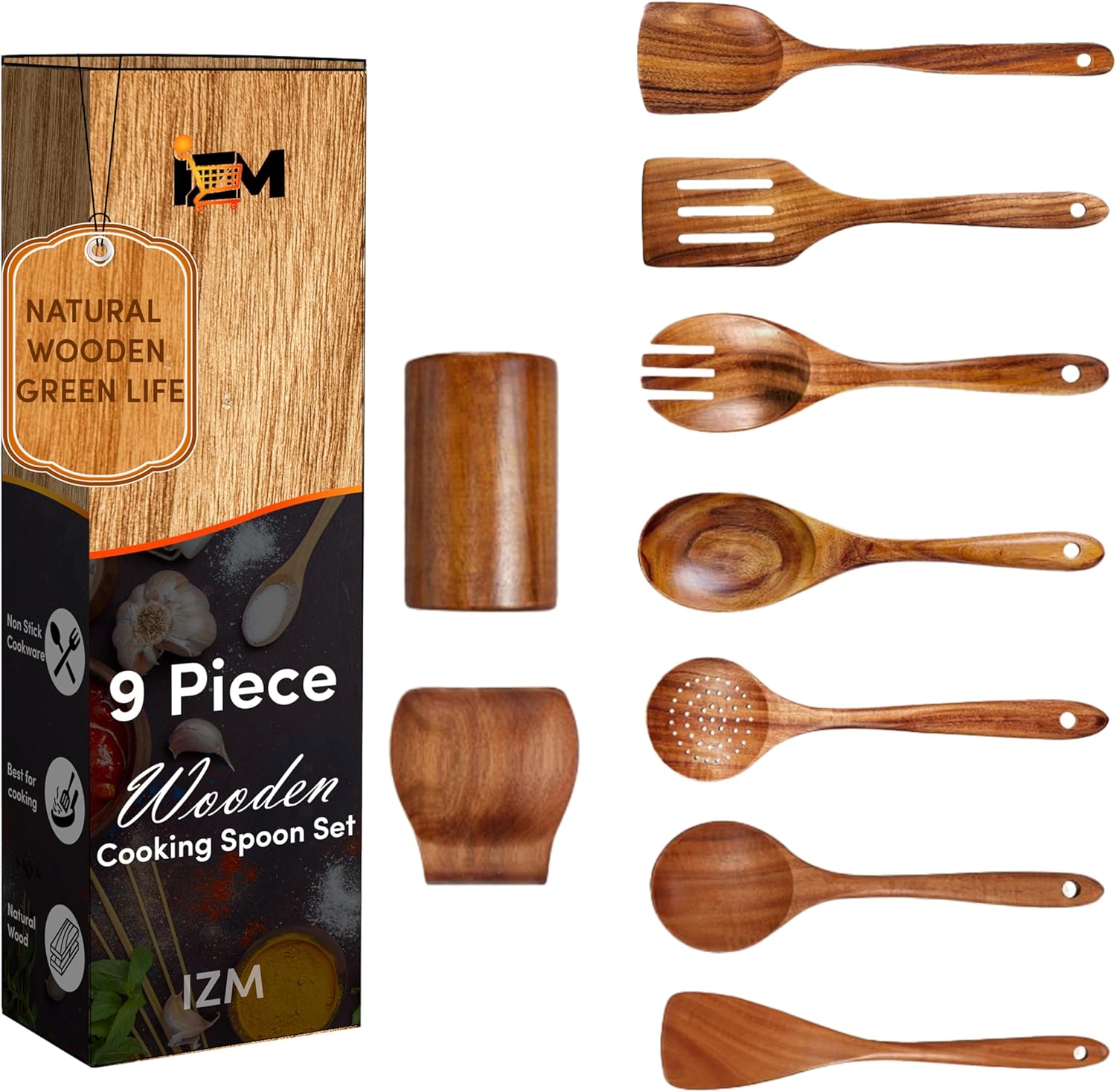 9 Pieces wooden utensil set premium cooking spoons wood cooking utensils teak wooden utensils set wood cooking utensils (9 Pieces Set)
