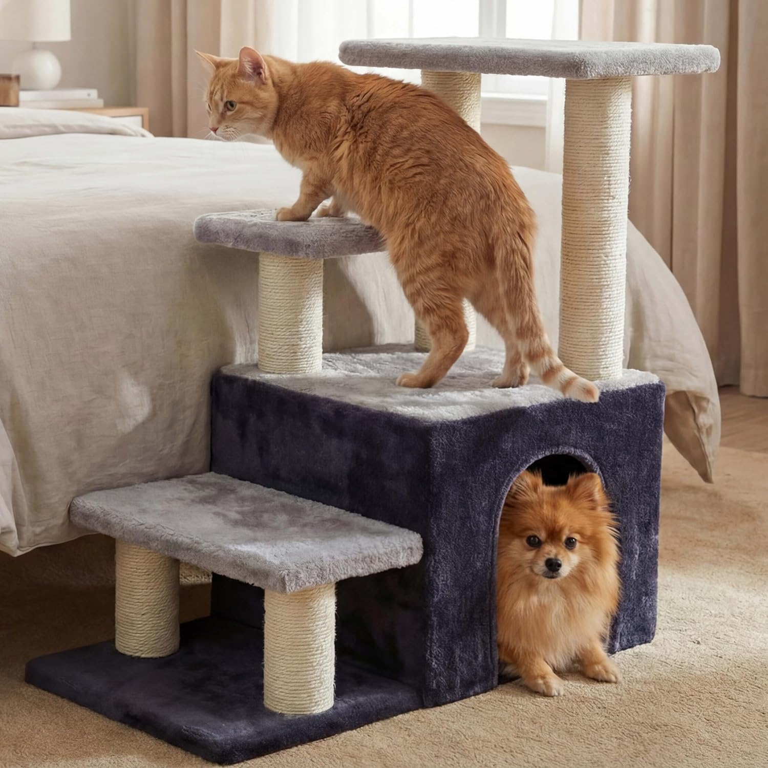 Heybly Pet Stairs for Cats, 29.5 inch High Dog Steps for Small Doggie Rabbits, 9.8''Depth Cat Stairs, Indoor Cat Ladders for High Bed for Pet's Joints, 1 Condo Cave, 6 Sisal Scratcher HSP002SGW