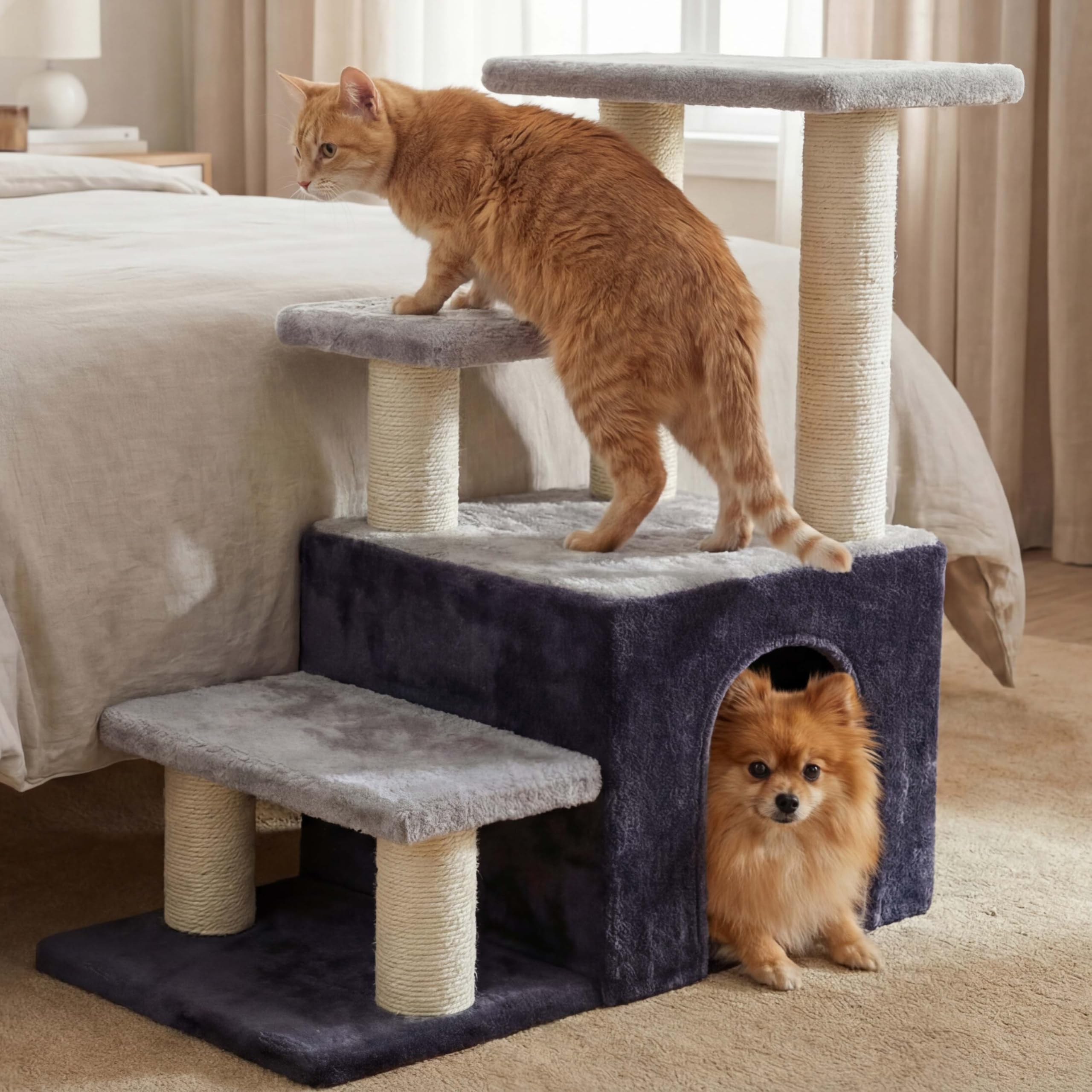 Heybly Cat Tree, 100 cm Tower Condo with Scratching Post, Cat Tower for Indoor Cats, Fully Wrapped Sisal Pole, Soft Platform, 2 Baskets and Dangling Toy, Smoky Gray HSP002SGW