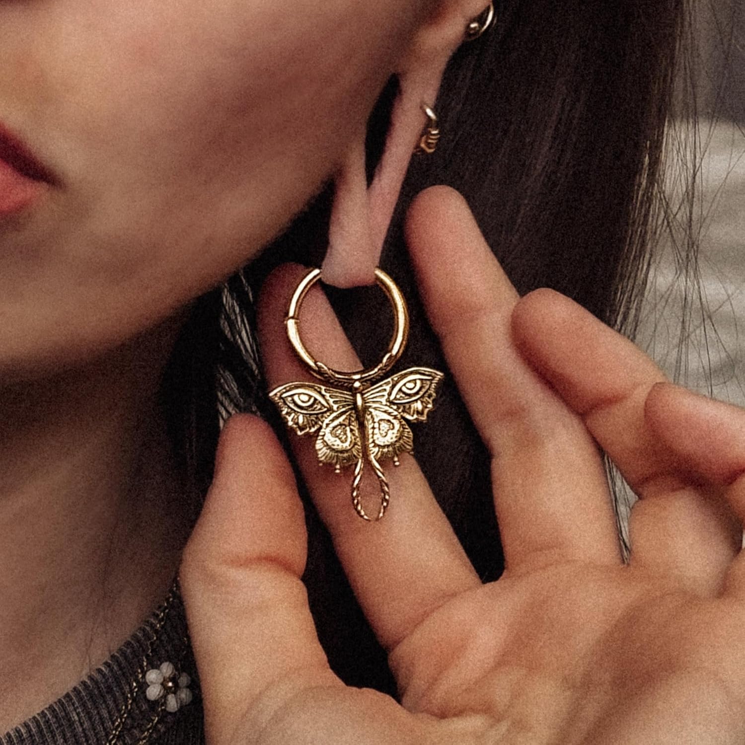 PUNKYOUTH Enchanted Flutter Gothic Butterfly Eye Earrings – 18G Huggie Drop Hoops with 925 Sterling Silver Post – Emo Punk Alternative Jewelry Gift for Women