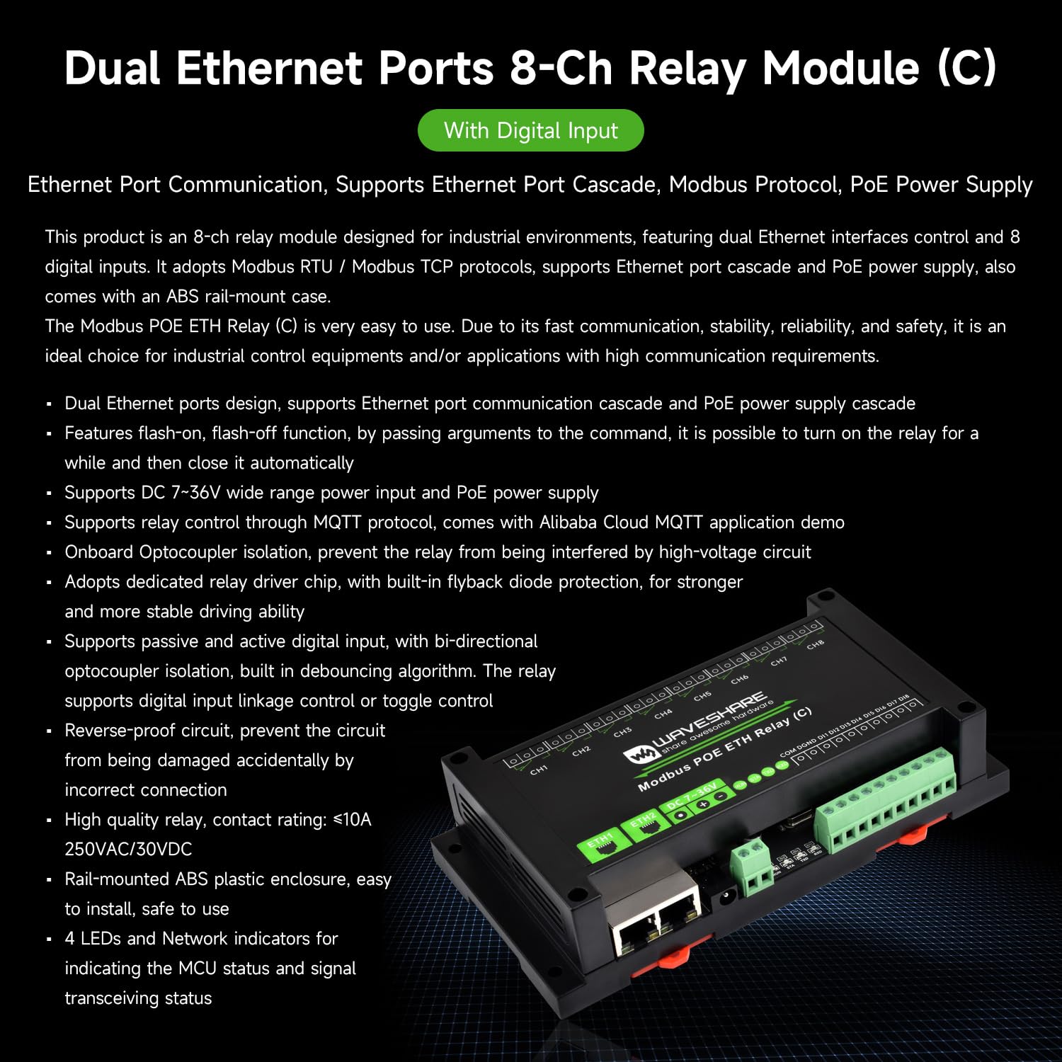30 csatornás Ethernet relé modul, Modbus RTU/Modbus TCP prot