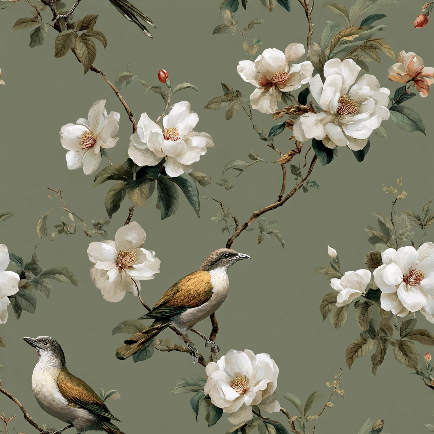 Chinoiserie Wallpaper Peel and Stick, Chinese Bird & Floral Pattern, Removable Self-Adhesive Mural for Living Room & Bedroom, 17.7x236 Inch
