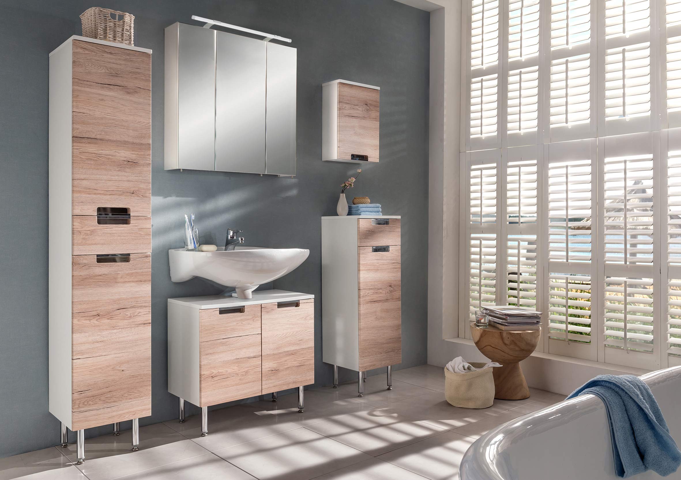 Schildmeyer 130516 Rilana Meuble sous-lavabo, Blanc Brillant/décor chêne Sanremo, 46,5 x 65 x 35 cm