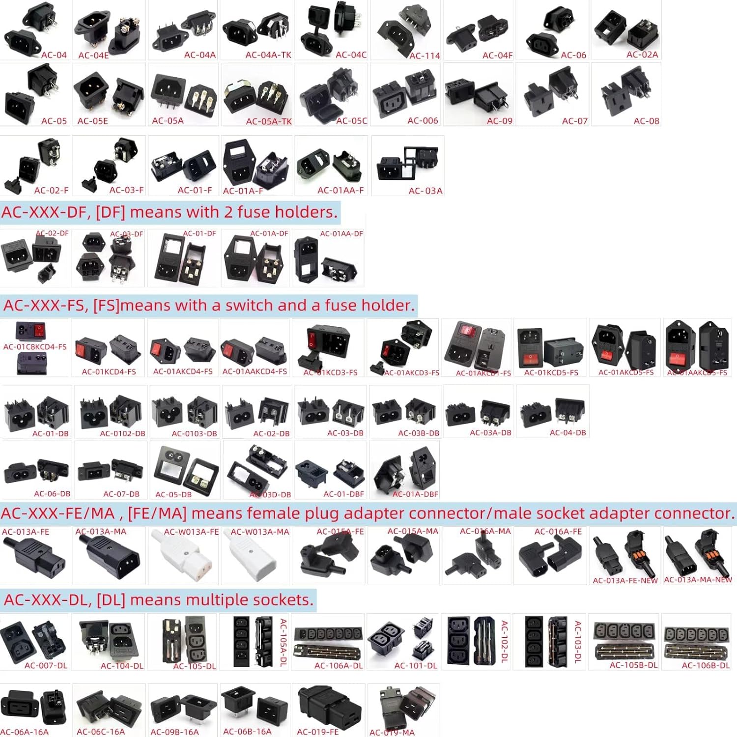 8Pcs C14 Inlet Module Plug 3 Pins with Fuse Switch Male Power Socket Black Red Button 10A 250V AC Entry Module Plug AC-01AKCD1-FS