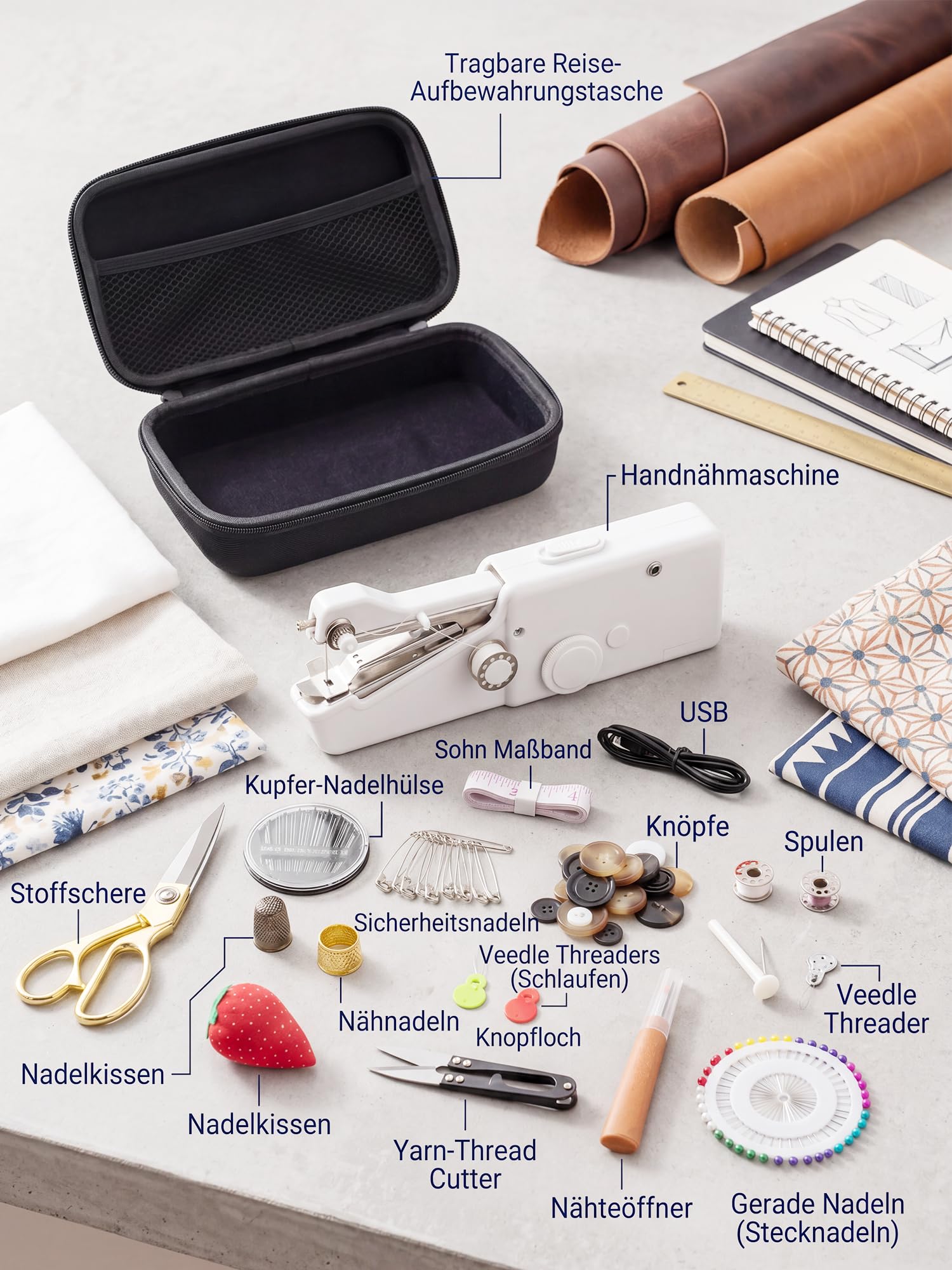 Máquina de coser de mano – Mini máquina de coser eléctrica portátil de 125 piezas | Kit de costura inalámbrico para principiantes, ideal para vaqueros y cortinas