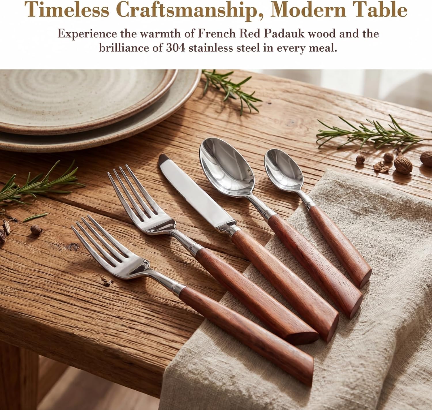 Wooden Handle Silverware Set for 4, 20-Piece 304 Stainless Steel Flatware with French Red Padauk Wood Handles, Rustic Modern Tableware, Dishwasher Safe for Home Dining & Farmhouse Kitchen
