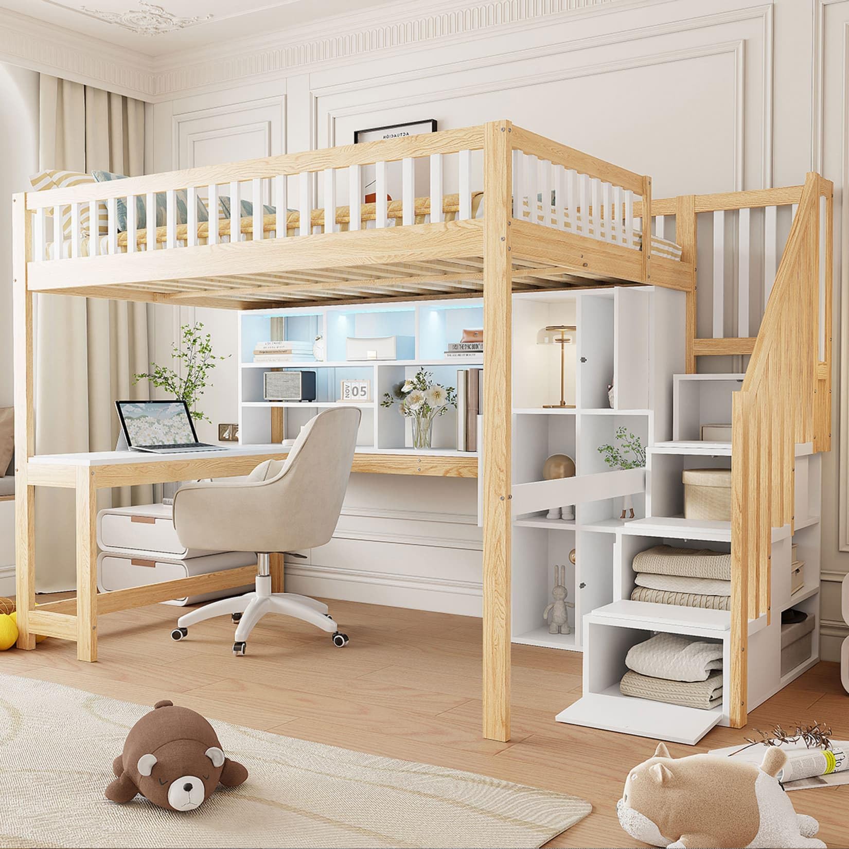 Lit Mezzanine 2 Places 140x200cm,Cadre de Lit 2 Personnes avec Éclairage LED Réglable,Bureau,Étagères,Échelle de Rangement,pour Garçons Filles(Naturel, 140x200)