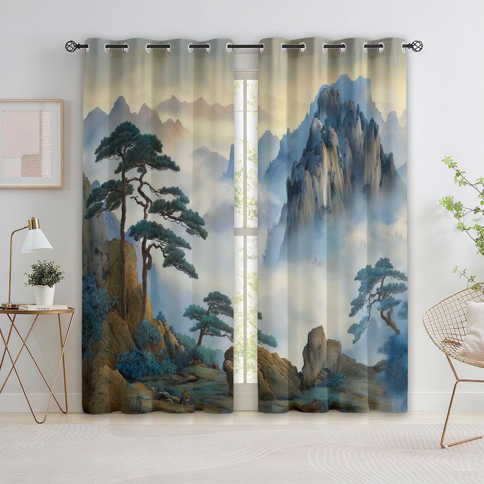 Bleu-Gris Rideaux Occultants Thermiques 280 x 260 cm Pins De Chine, Montagnes, Nuages – Rideaux Isolants Anti-Froid & Anti-Chaleur, Tissu Épais Haut de Gamme, Parfait pour Salon, Chambre ou Bureau