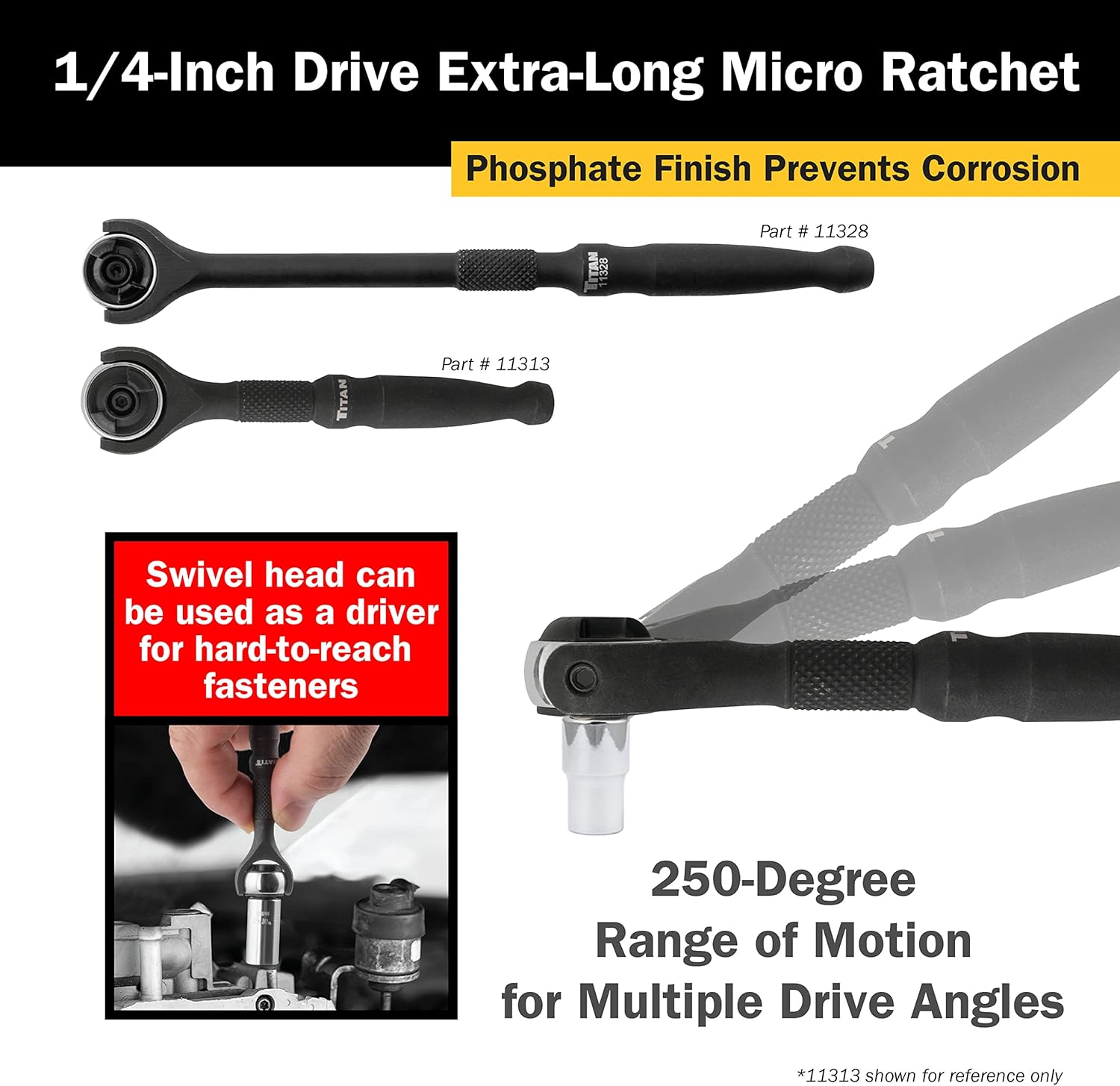 Titan 11328 1/4-Inch Drive x 7-Inch 90-Tooth Swivel Head Ratchet