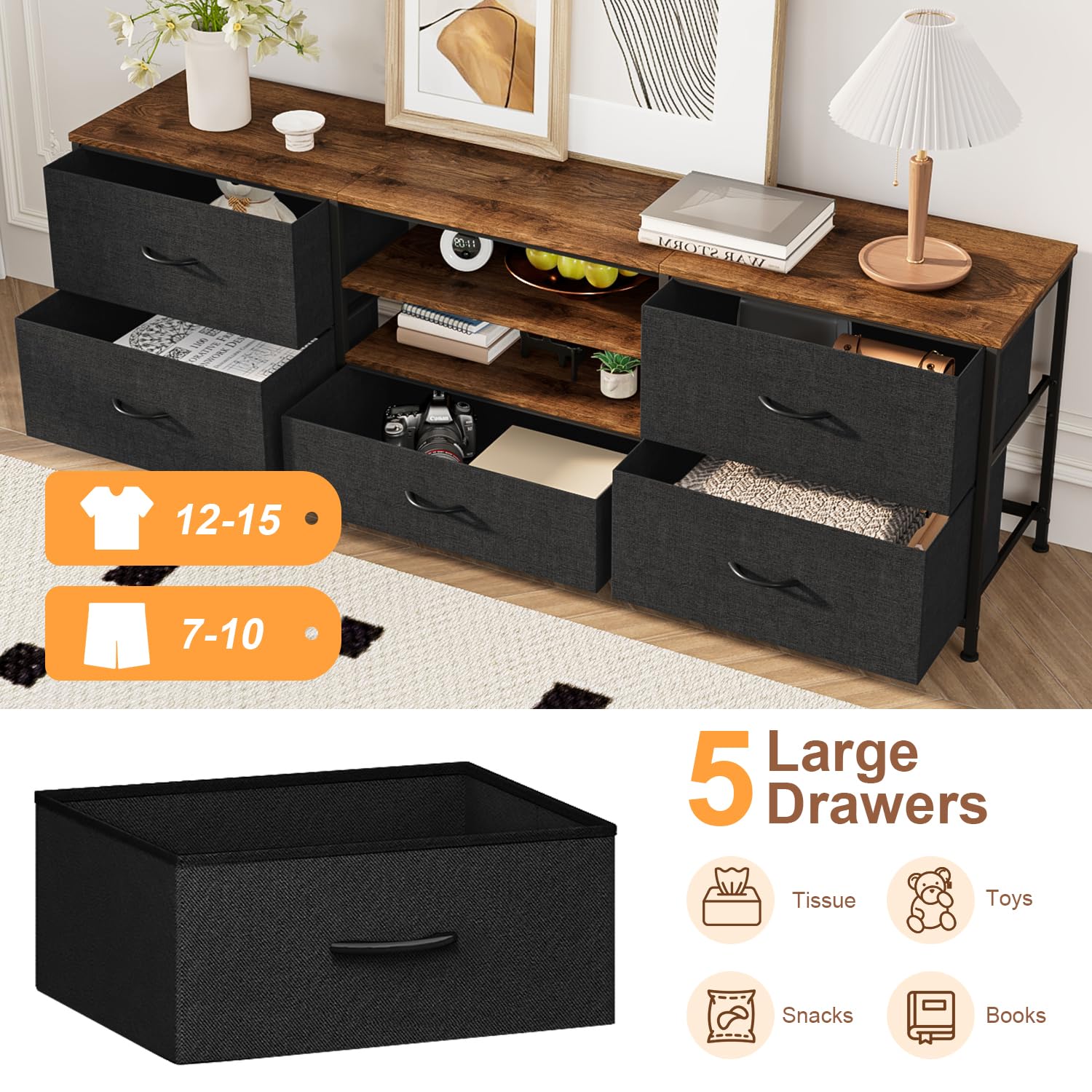 Mobile TV per TV fino a 65", Tavolino TV con 5 Cassetti in Tessuto e 2 Ripiani, Consolle TV in Legno a 3 Livelli, Mobili per Soggiorno con Ampio Spazio di Archiviazione (Nero)