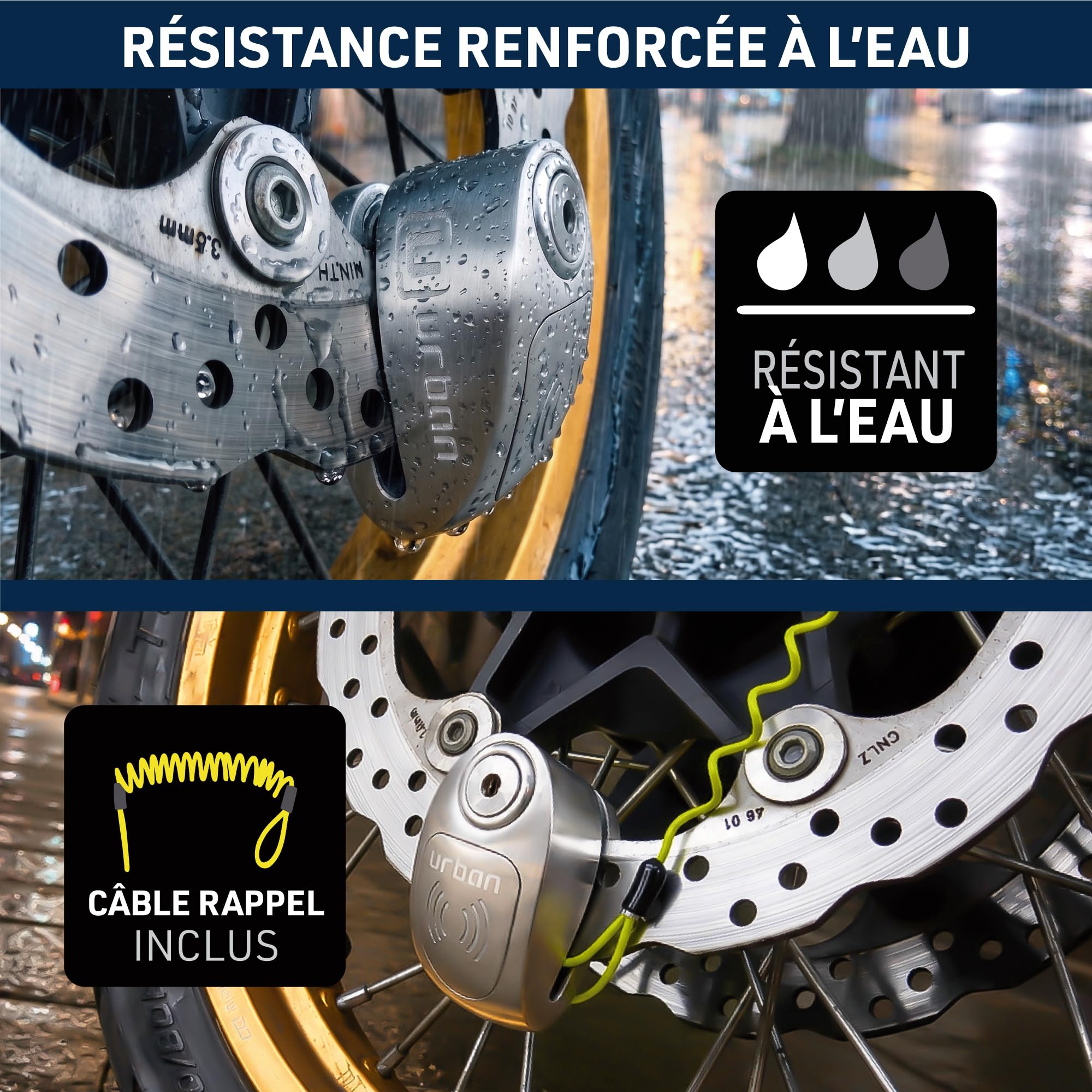 URBAN UR910S Antivol Moto Homologué SRA, Bloque Disque avec Alarme Hi-Tech | 120 dB, X2 ON | Pile CR2, Câble Rappel, Serrure Haute Sécurité, Bloc Double Verrouillage ø10mm, Acier Inoxydable