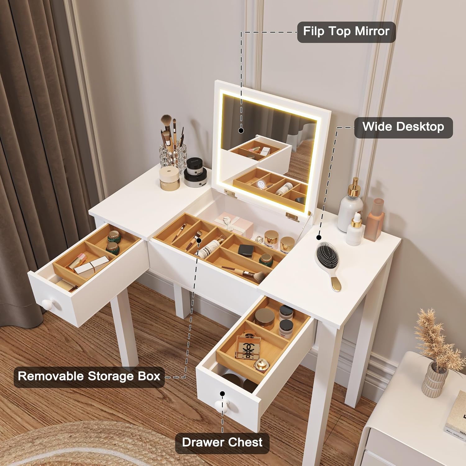 Organizedlife Vanity Desk with labeled features: Flip Top Mirror, Wide Desktop, Removable Storage Box, Drawer Chest.
