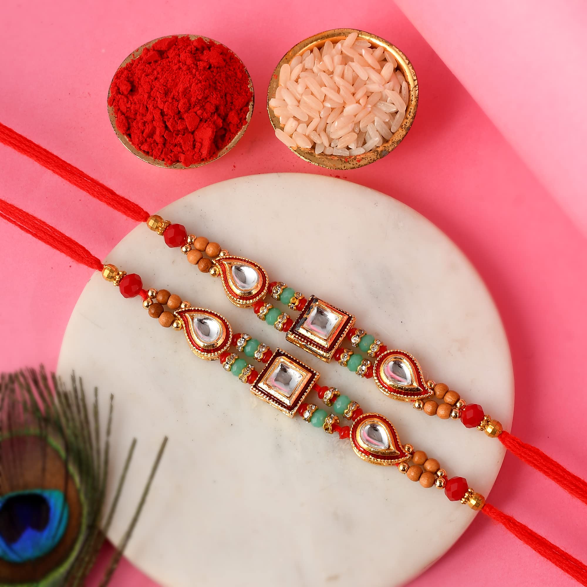 Ascension Traditional Rakhi Set For Brother - Rudraksha Pearl Kundan Design With Roli & Tilak Pack (3 Rakhis)