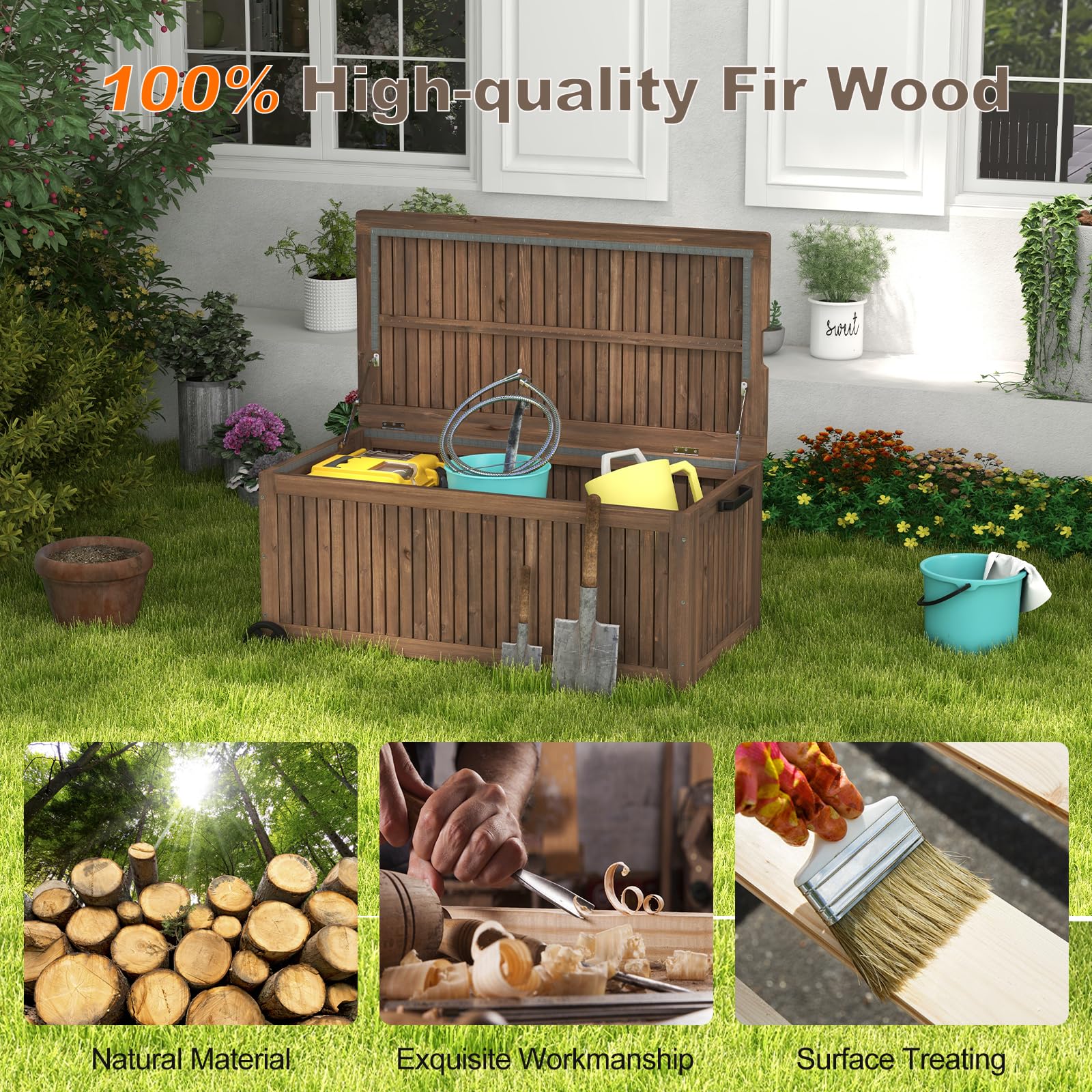 HOMASIS 213L Cassapanca in Legno di Abete, Banco da Giardino con Ruote e Fodera Impermeabile Rimovibile, Scatola di Stoccaggio, Portata 50KG per Terrazzo Balcone, 114x51x58.5 cm