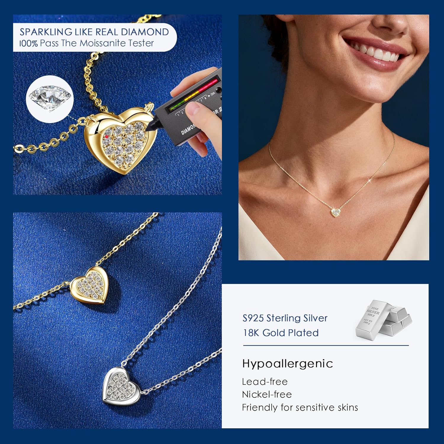 AINUOSHI Moissanite Heart Pendant Necklace for Women, 0.21CT Dainty Moissanite Heart Initial Necklace, Sterling Silver Pendant Necklace Anniversary Jewelry Valentine Promise Gift for Wife Girlfriend - Image 4