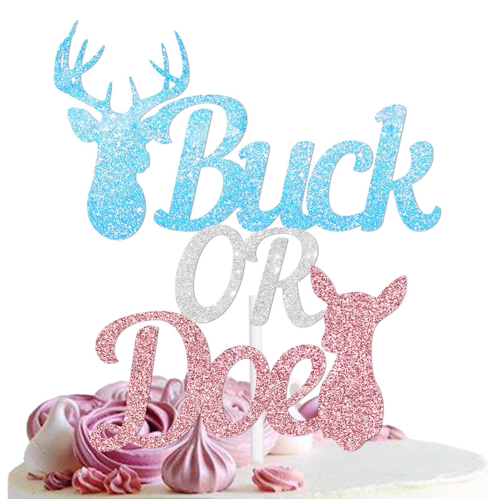 Glitter Deer Cake Topper Cheer to Doe or Buck Gender Reveal Theme Decor Supplies Newborn Gender Reveal Happy Birthday Party Decorations
