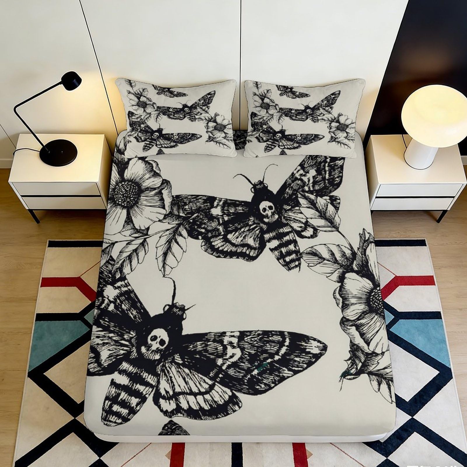 3D Printed Skull Moth Fitted Sheet Microfiber Soft Breathable Floral Butterfly Bed Cover for Bedroom Dormitory Guest Room Mattress Protection 120x200x25cm