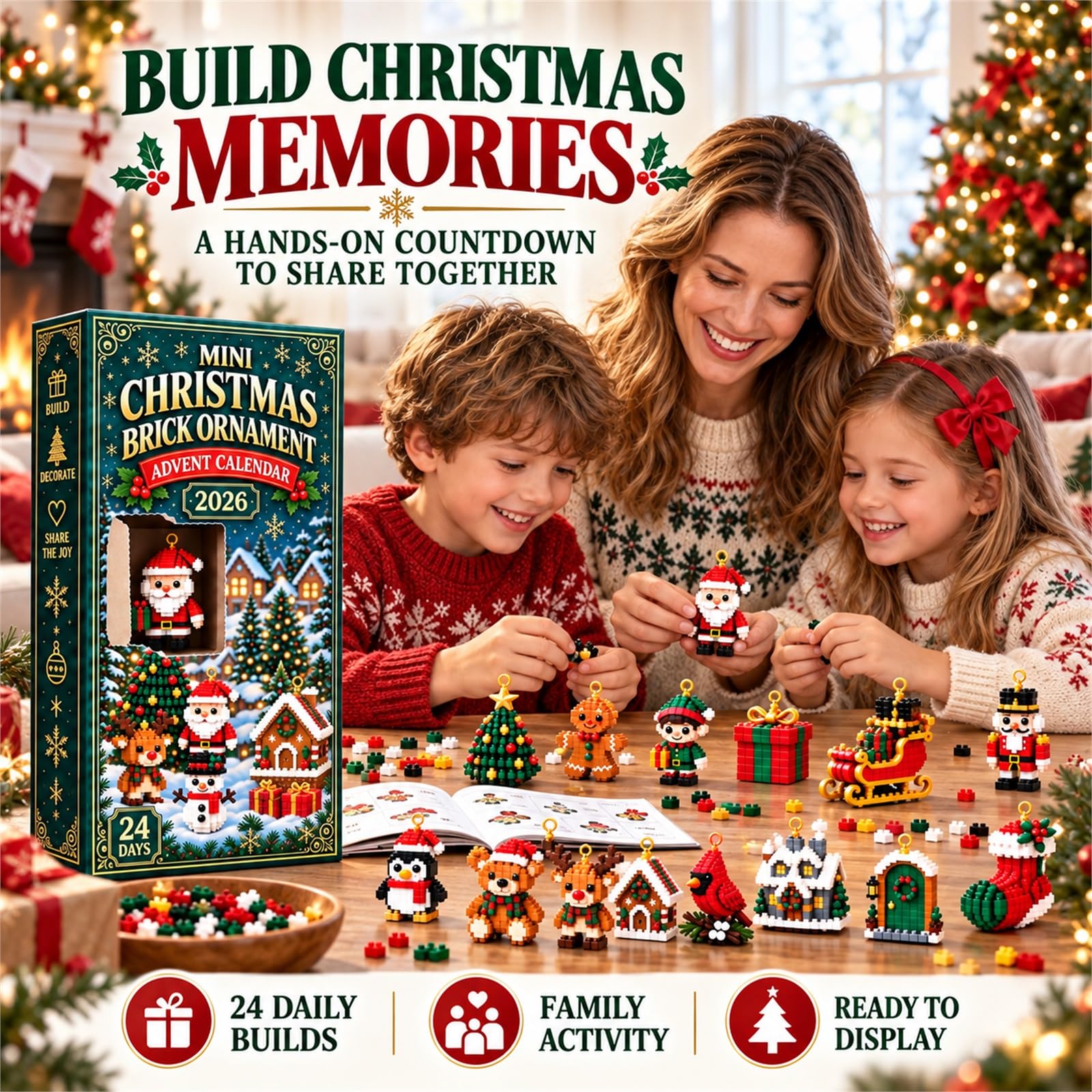 24-Day Mini Calendario de Adviento de Bloques Navideños, Orname