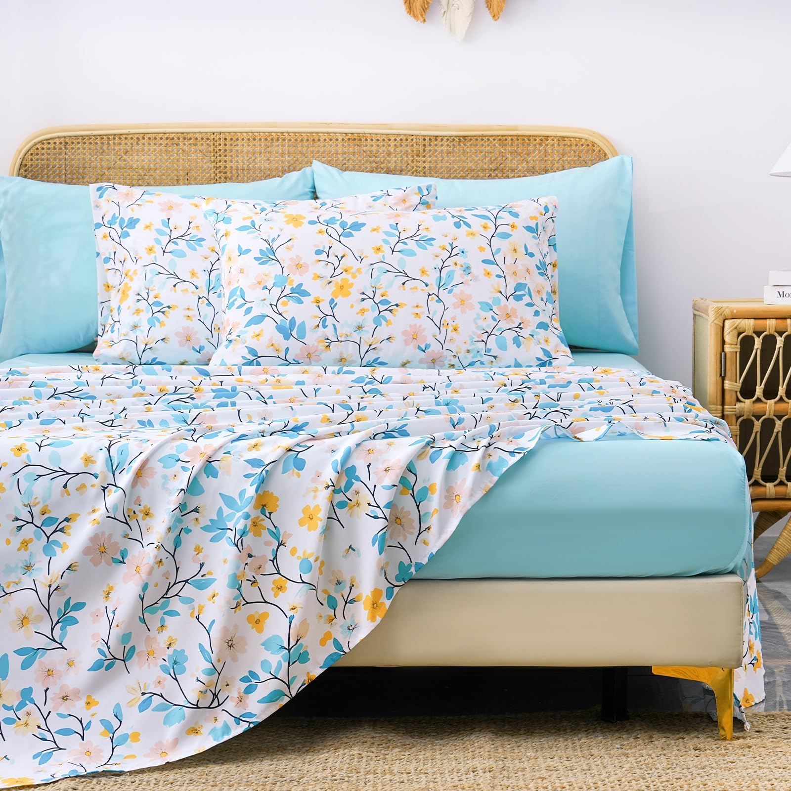 LONAVA Botaincal King Size 6 Pcs Sheet Set, Breathable Microfiber Deep Pocket Sky Blue Fitted Sheets, Comfy & Breathable Patterned Flat Sheets,4