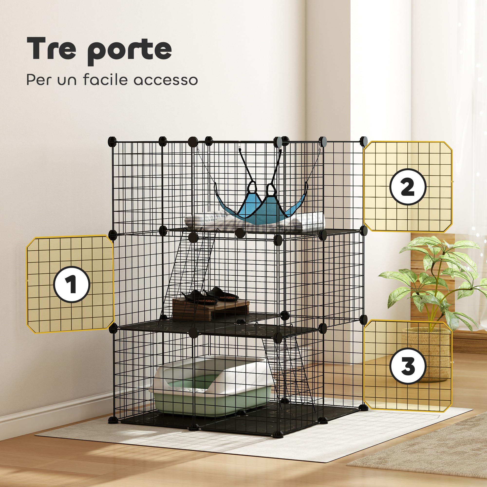 PawHut Jaula para Gatos de 3 Niveles con Hamaca, Plataforma y escaleras, Jaula para Mascotas de Acero y PP, 70 x 70 x 105 cm, Negro y Azul