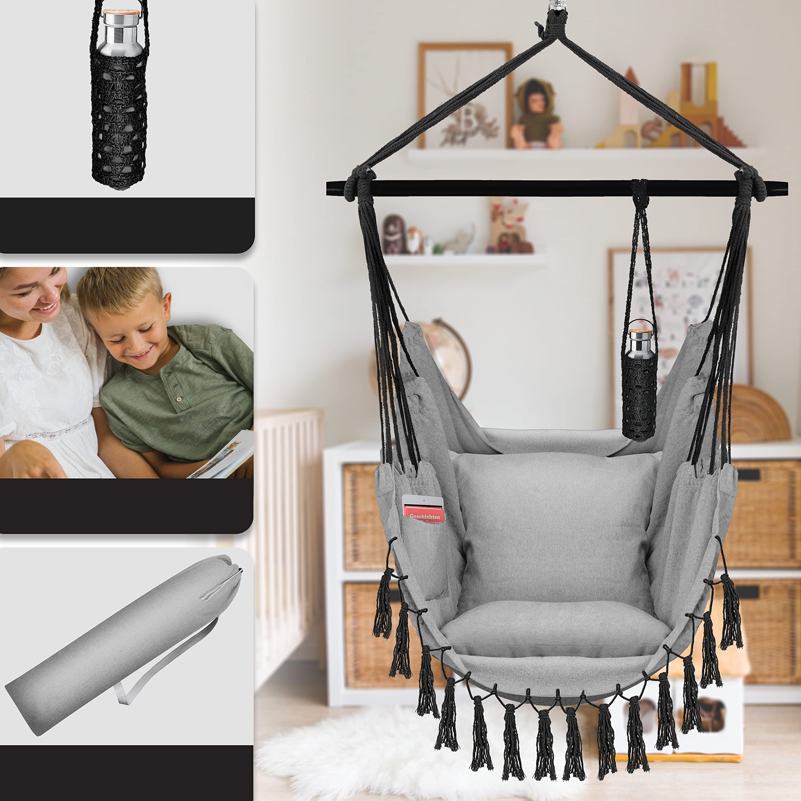 KESSER® Poltrona sospesa con 2 cuscini Portabevande e scomparto per libri - Sedia sospesa Safari XXL per adulti e bambini, Amaca con capacità di carico fino a 150 kg, interni ed esterni