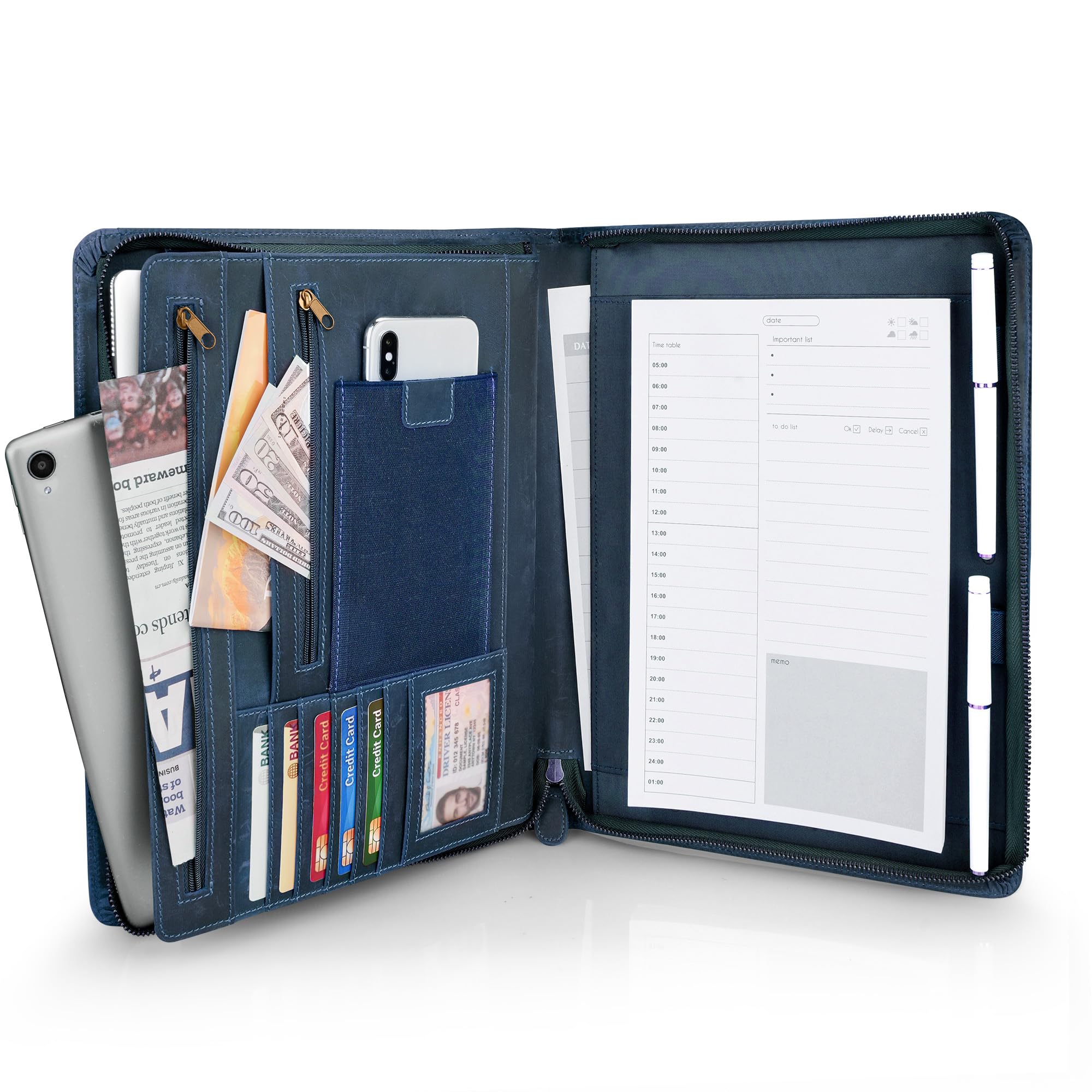 Jowlroel Full Grain Leather Portfolio A4, Premium Conference Folder with Zipper, Multi-Function Business Organizer & Padfolio for Men and Women, Professional Executive Gift - Blue