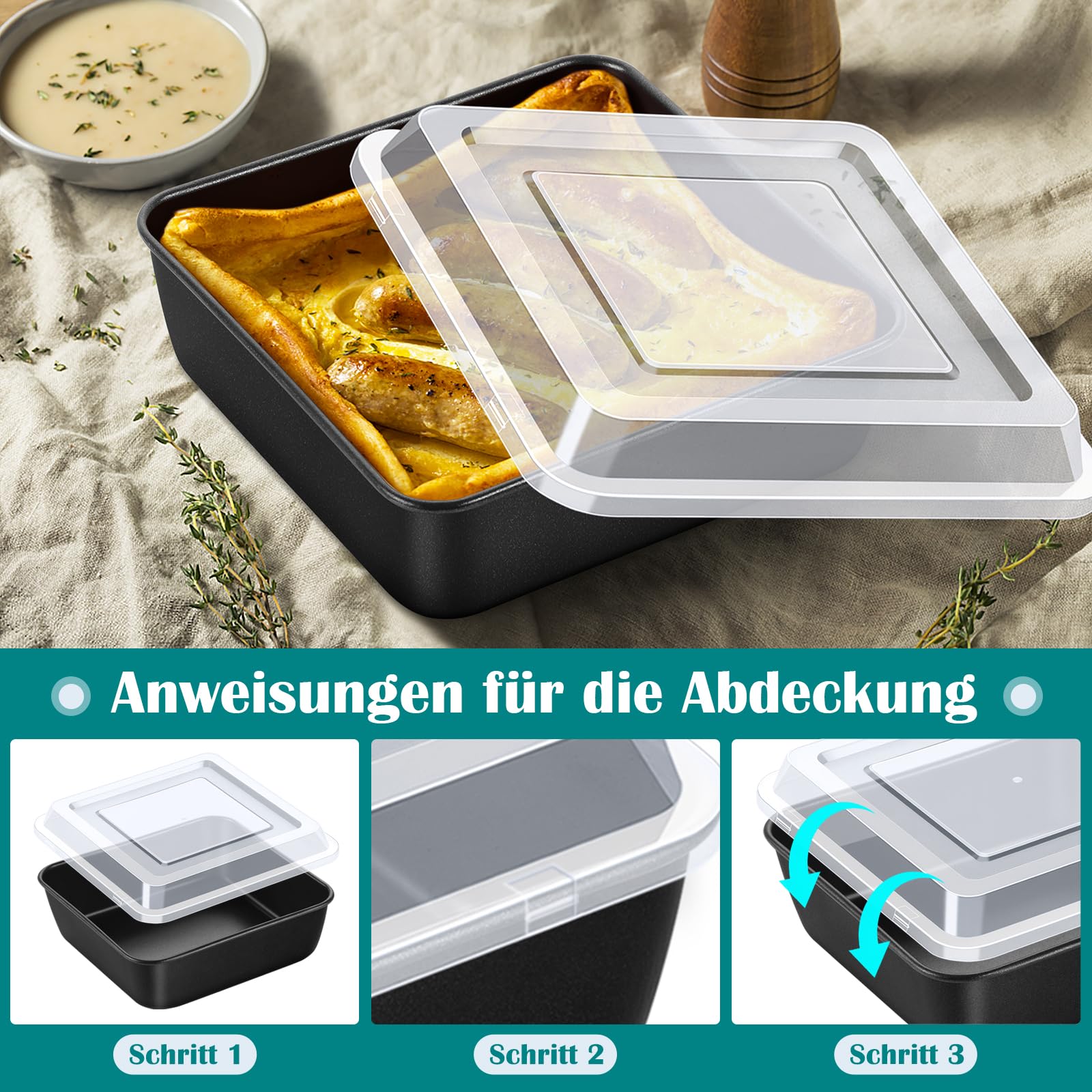 Homikit Quadratische Auflaufform, Antihaft Kuchenform mit Deckel, Edelstahl Eckig Backform 15,9 * 15,9 * 5cm, Klein Backblech für Casseroles Lasagne Brownin, Gesund & Leicht zu Reinigen