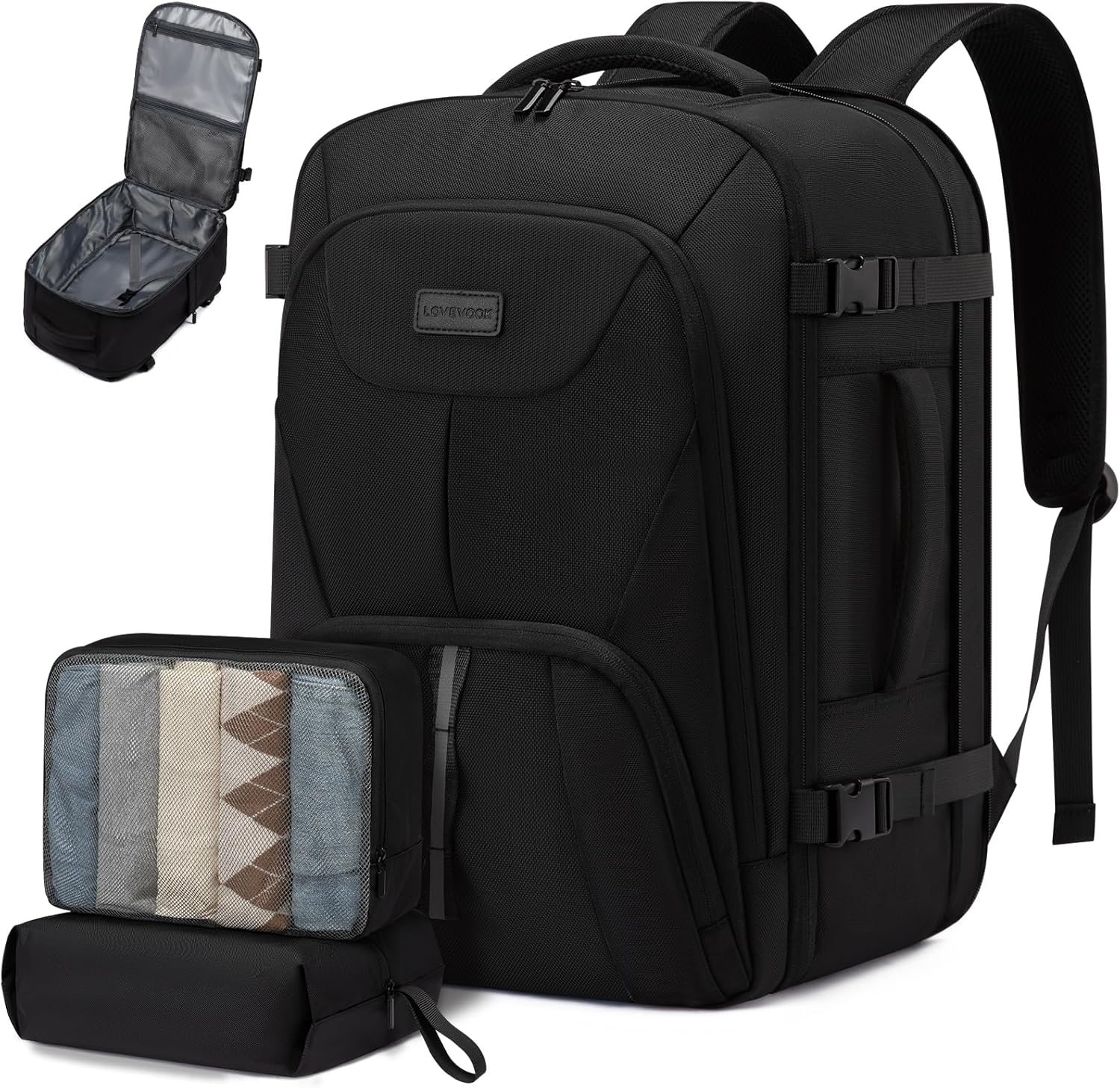 LOVEVOOK Hand Luggage Backpack Large Expandable Airplane Backpack for Men Women Travel Backpack for 20 Inch Laptop (Black and Grey, 17.3 inch)