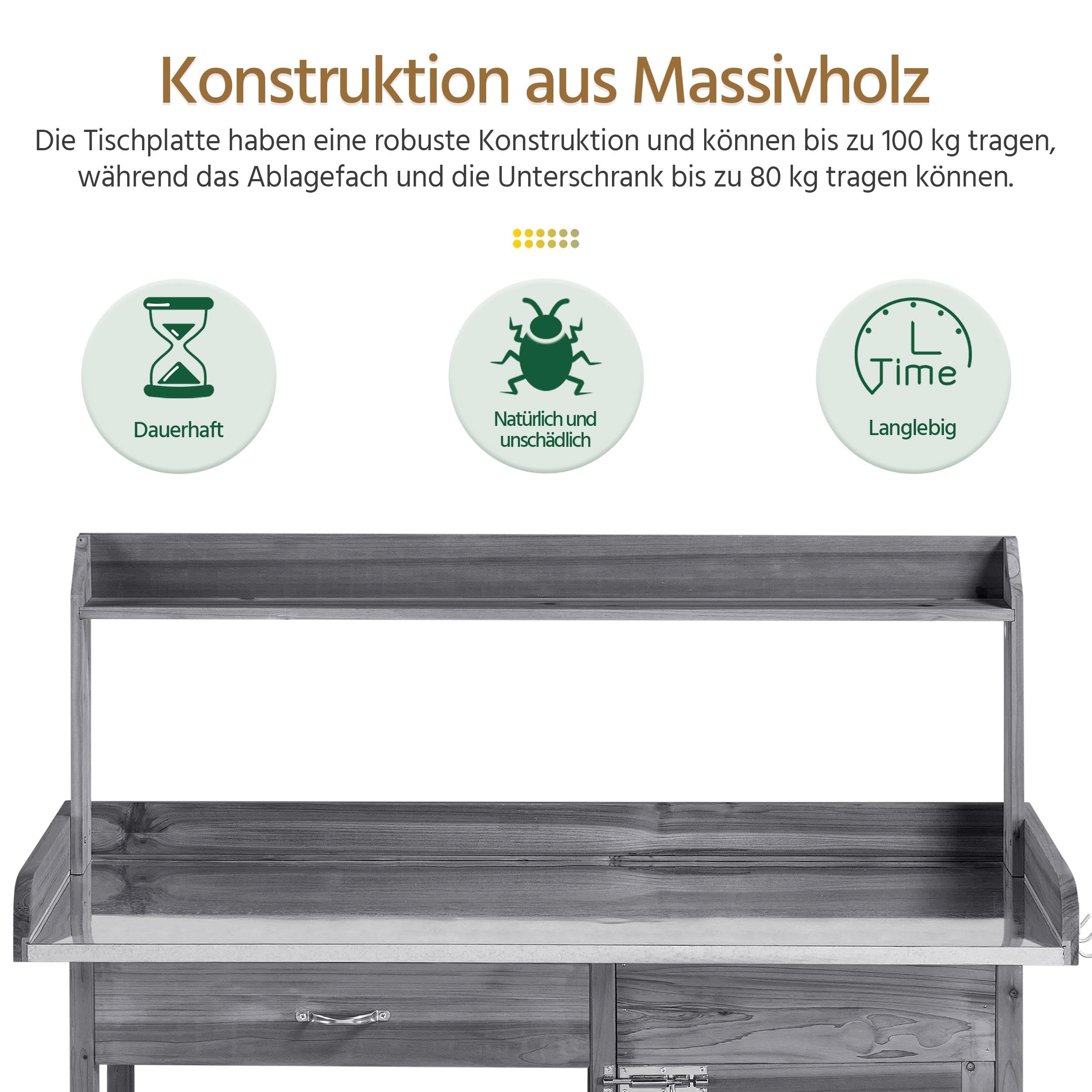 Yaheetech Mesa para Plantas con encimera galvanizada, Resistente a la Intemperie, Mesa de jardinería, Mesa de Madera con Armario Inferior, Estante y cajón para el jardín/terraza/balcón (610922 Gris)