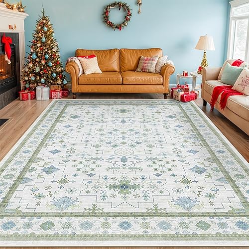 Vista 9 de Blue and Green Living Room Rug 8x10 - Cream Oushak Vintage Boho Floral Farmhouse, Washable Low Pile Non-Slip Extra Large Area Rugs for Bedroom