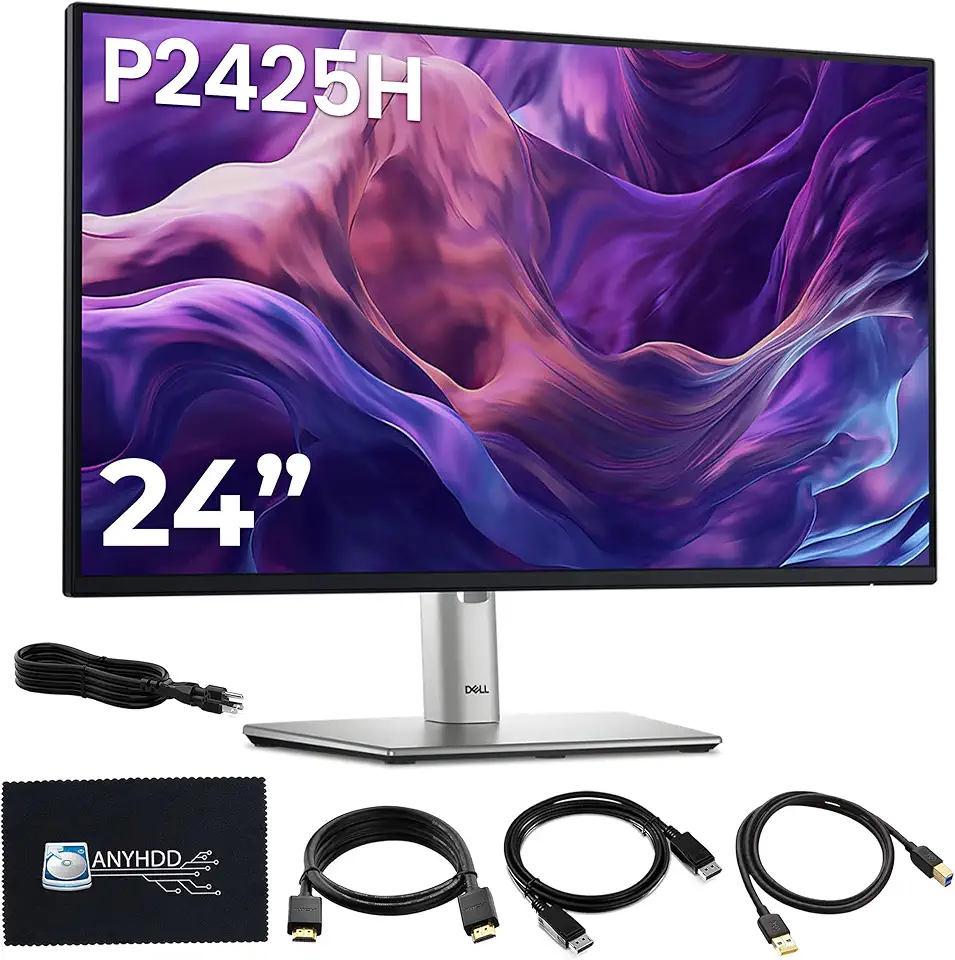 Dell P2425H Computer Monitor Screen 24&quot; 16:9 IPS Display 100Hz w/Stand - 1 Year Warranty, Full HD, 1920 x 1080 with Power Cord + DisplayPort Cable + HDMI Cable + USB 3.0 Cable + Microfiber Cloth