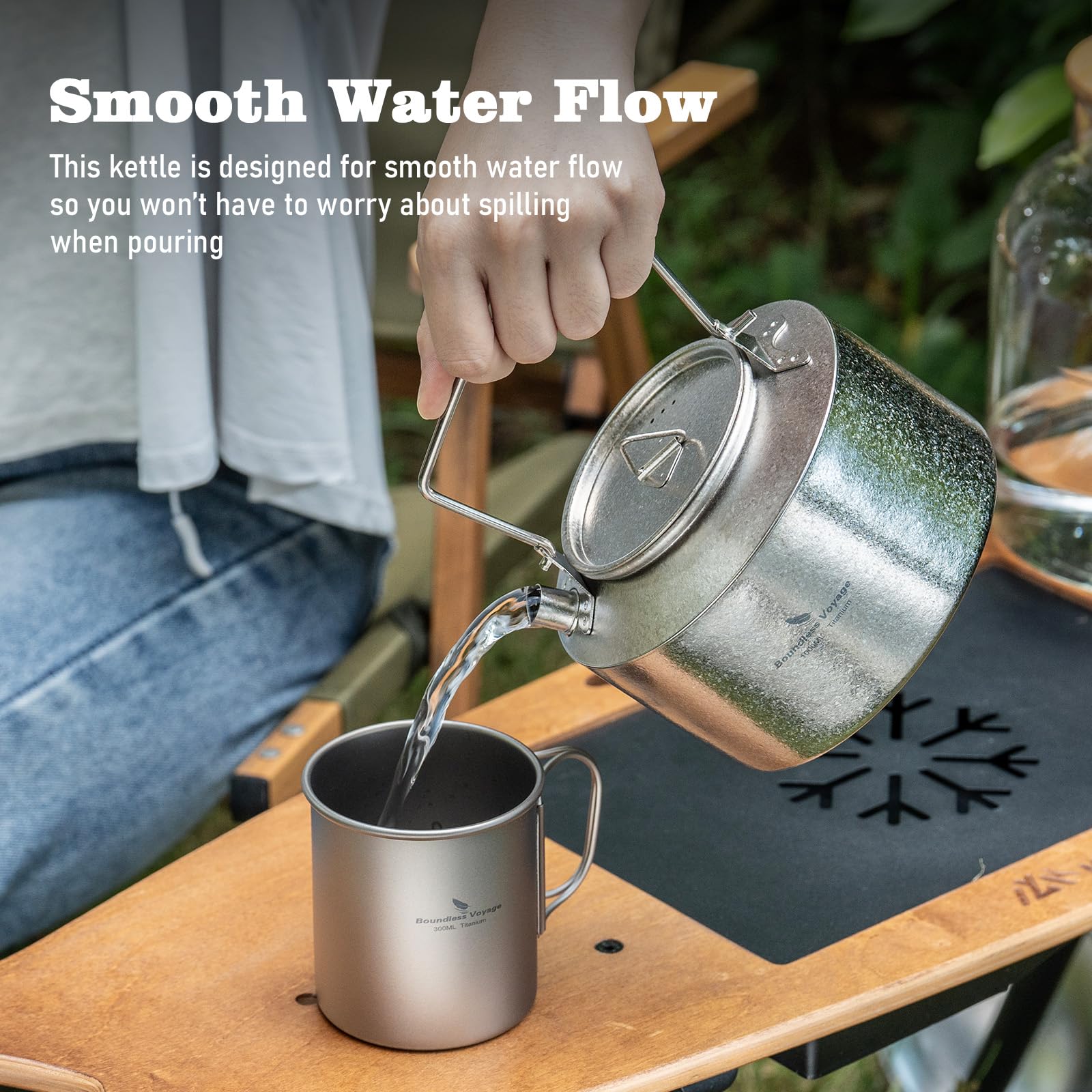 Boundless Voyage Teekanne aus Titan, für Outdoor Camping, ultraleicht große Kapazität Der Titan-Wasserkocher, mit klappbarem Griff, 1L (Silber)