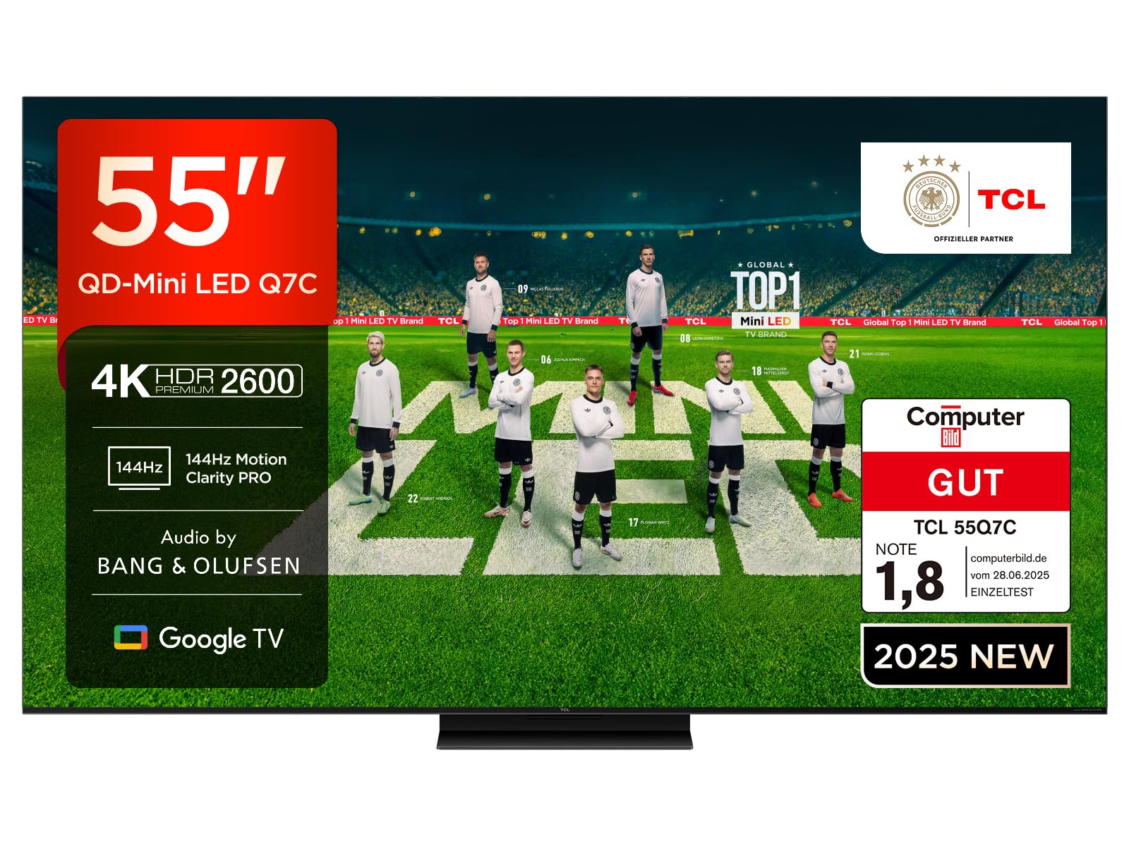 TCL 55Q7C QLED Mini LED Fernseher, 55 Zoll, 4K HDR Premium, Dolby Vision IQ & Atmos, Smart TV mit Google TV, 6.2.2 Sound, 144Hz VRR, AMD FreeSync Premium Pro, HDMI 2.1, AirPlay 2, Alexa