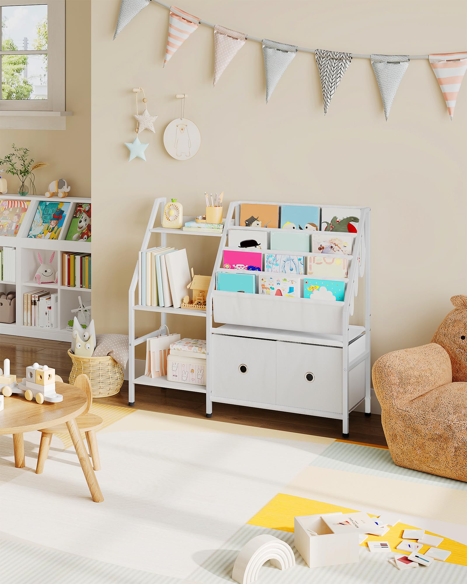 CHOEZON Estantería para niños de 39.4 pulgadas, estantería de 4 niveles para habitación de los niños, estante de libros para niños con estante de almacenamiento de juguetes de 3 niveles y 2 cajones