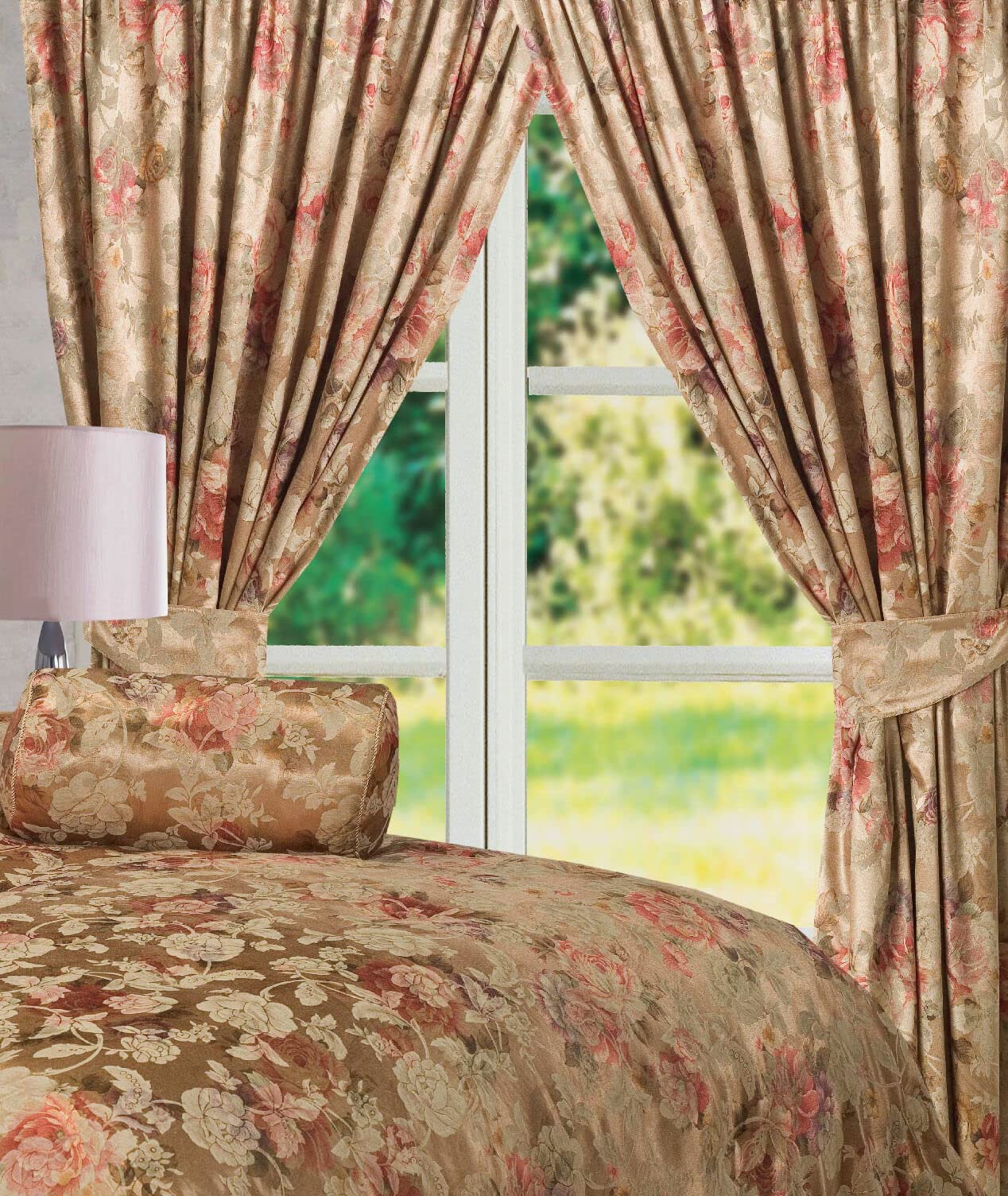 MyHome Anastasia 66" x 72" Luxury Floral Jacquard Lined Pencil Pleat Curtains Tie Backs