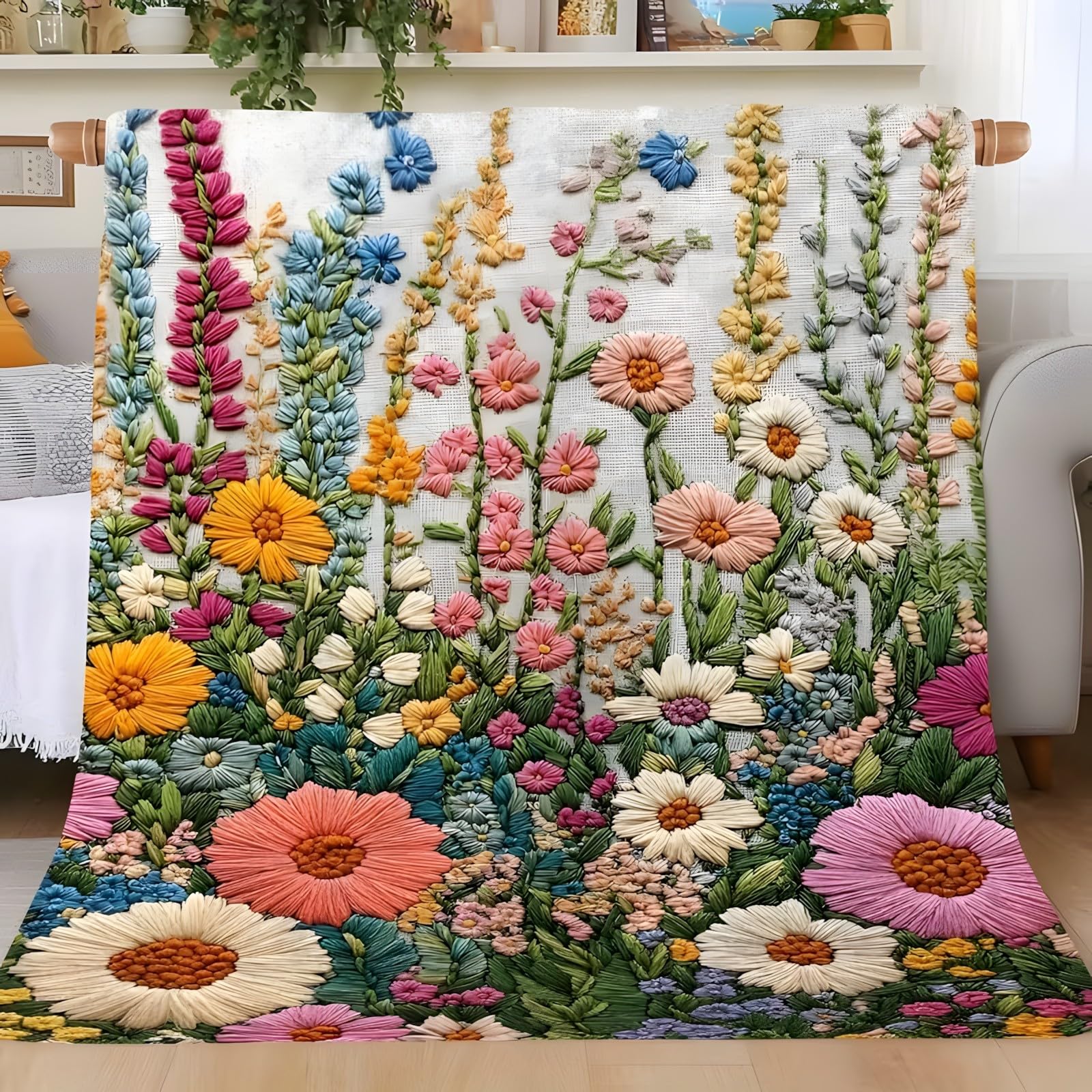 Couverture polaire fleurs rose et blanc vintage 200x200 cm pour grand lit et canapé douillet