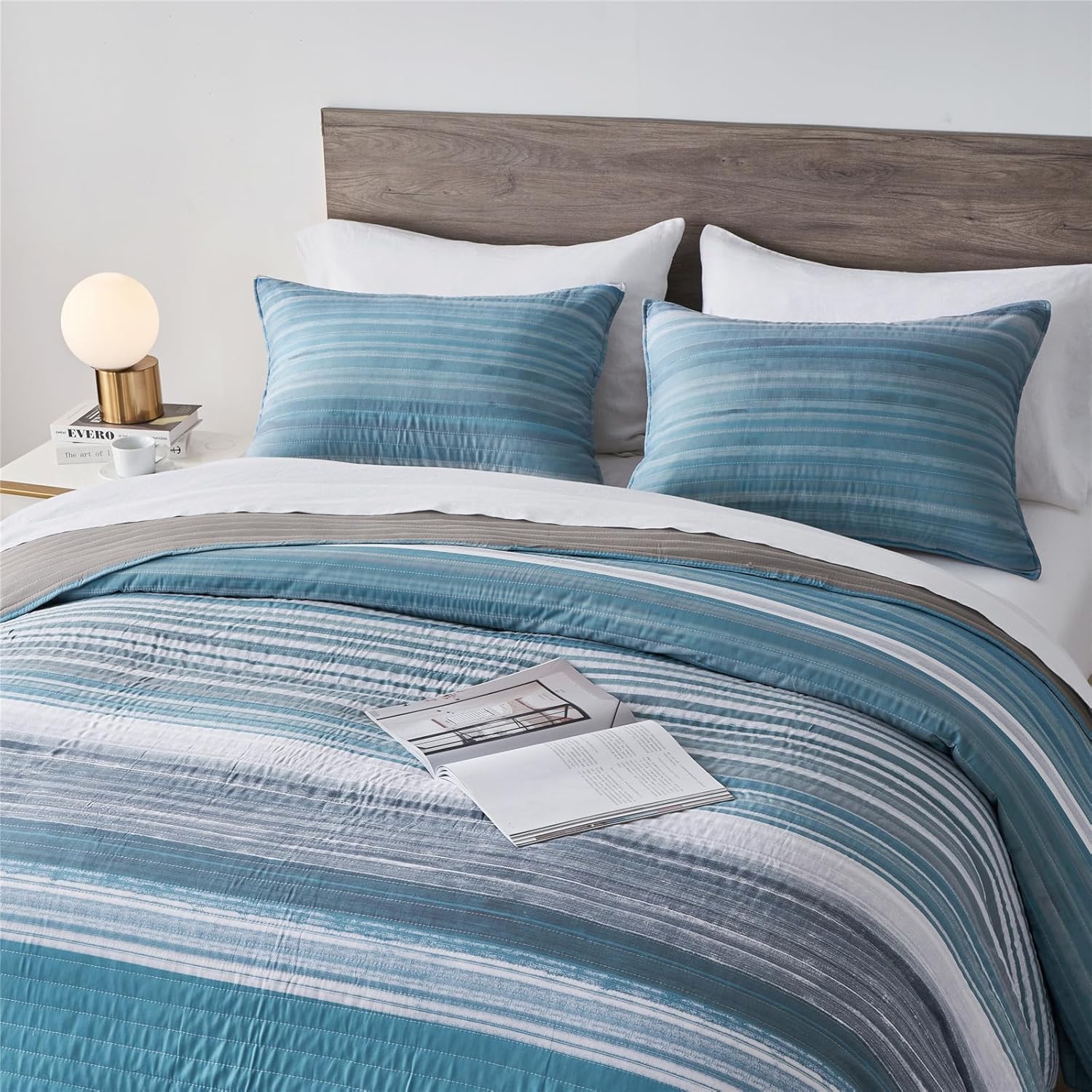 KAKIJUMN Twin Quilt Bedding Set, White Grey and Blue Patchwork Striped Quilt Set, 2 Pieces Soft Lightweight Bedspread Coverlet Set with 1 Pillow Sham(Light Blue,Twin) - Image 5