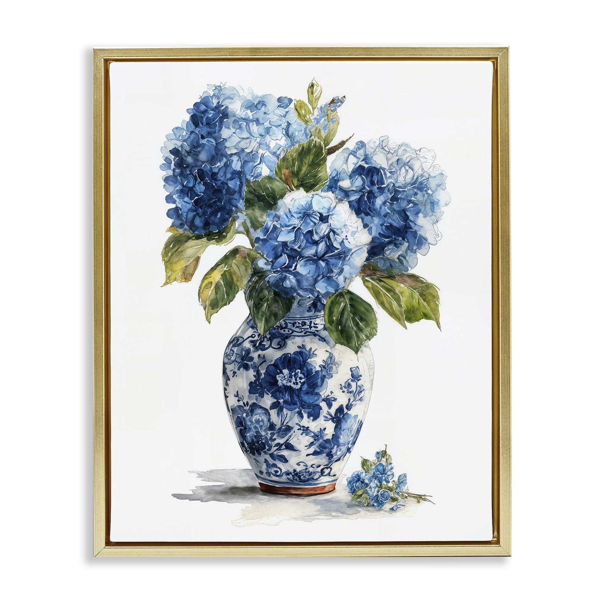 Stupell Industries Metallic Gold (Matte) Porcelain Vase Hydrangea Bouquet, 24 X 30 Inch Canvas In Floater Frame