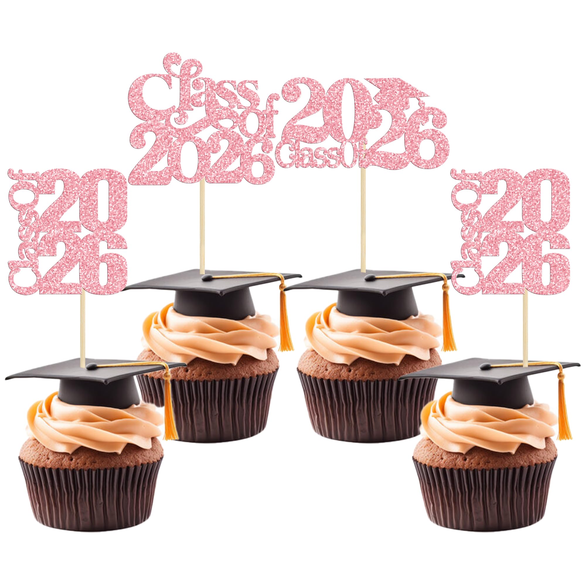 30 Pack 2026 Graduation Theme Cupcake Toppers Glitter Class of 2026 Cupcake Picks Graduation Cap Cake Decorations for 2026 Grad Theme Party Supplies