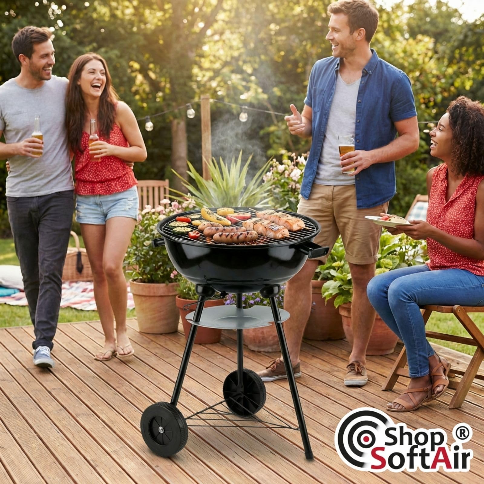 Barbecue a Sfera con Coperchio e Raccoglicenere, Grill a Carbonella da Esterno, Ø 44 cm, 70 cm Altezza, 2 Ruote, Ripiano Inferiore, Ventilazione Regolabile, Nero - 5